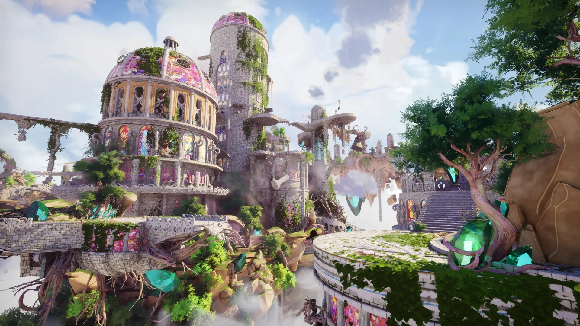 Bright overgrown stone buildings and suspended paths in Edge of Memories.
