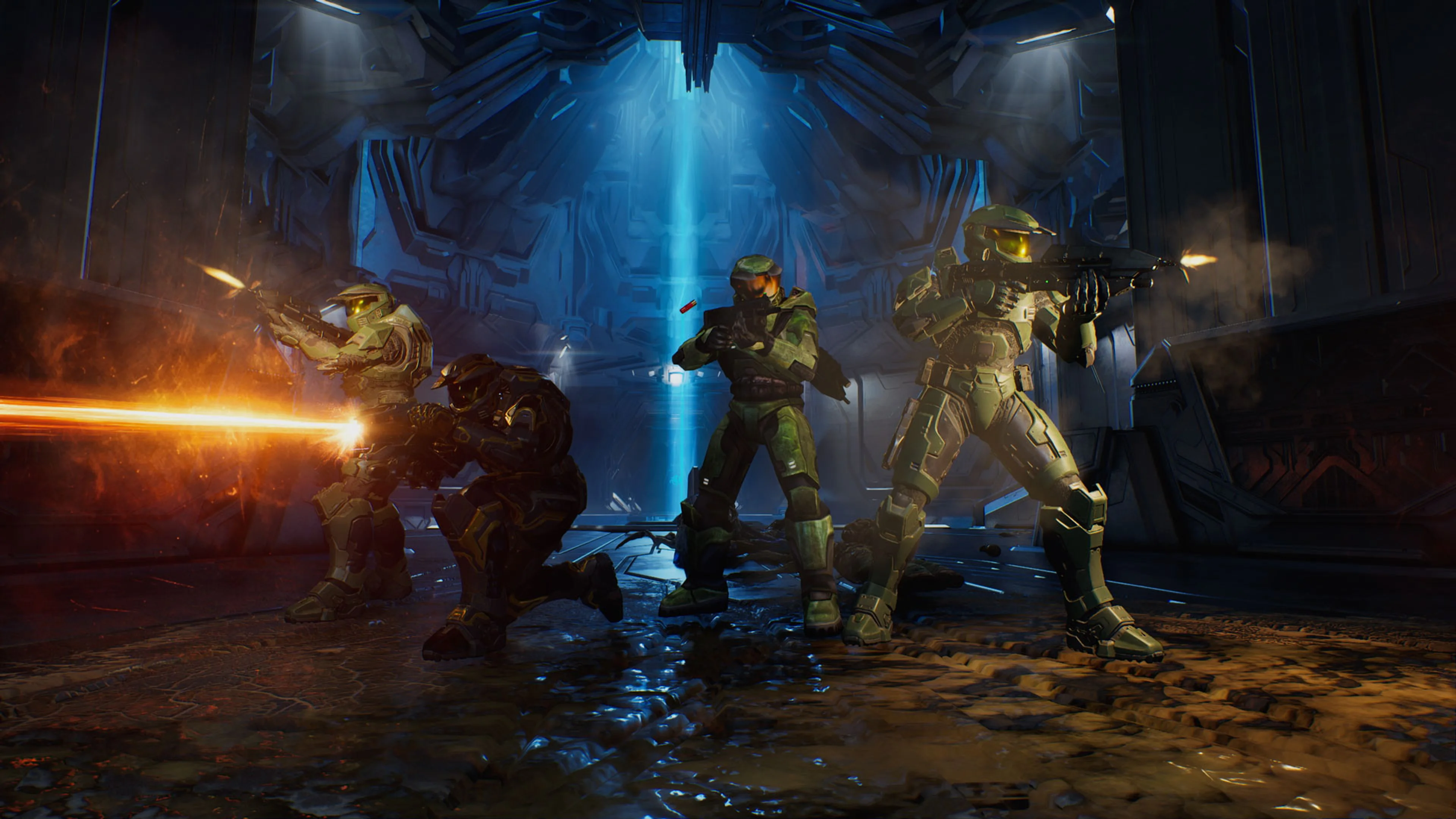 A four-player squad fights inside a Forerunner structure in official Halo: Campaign Evolved artwork.