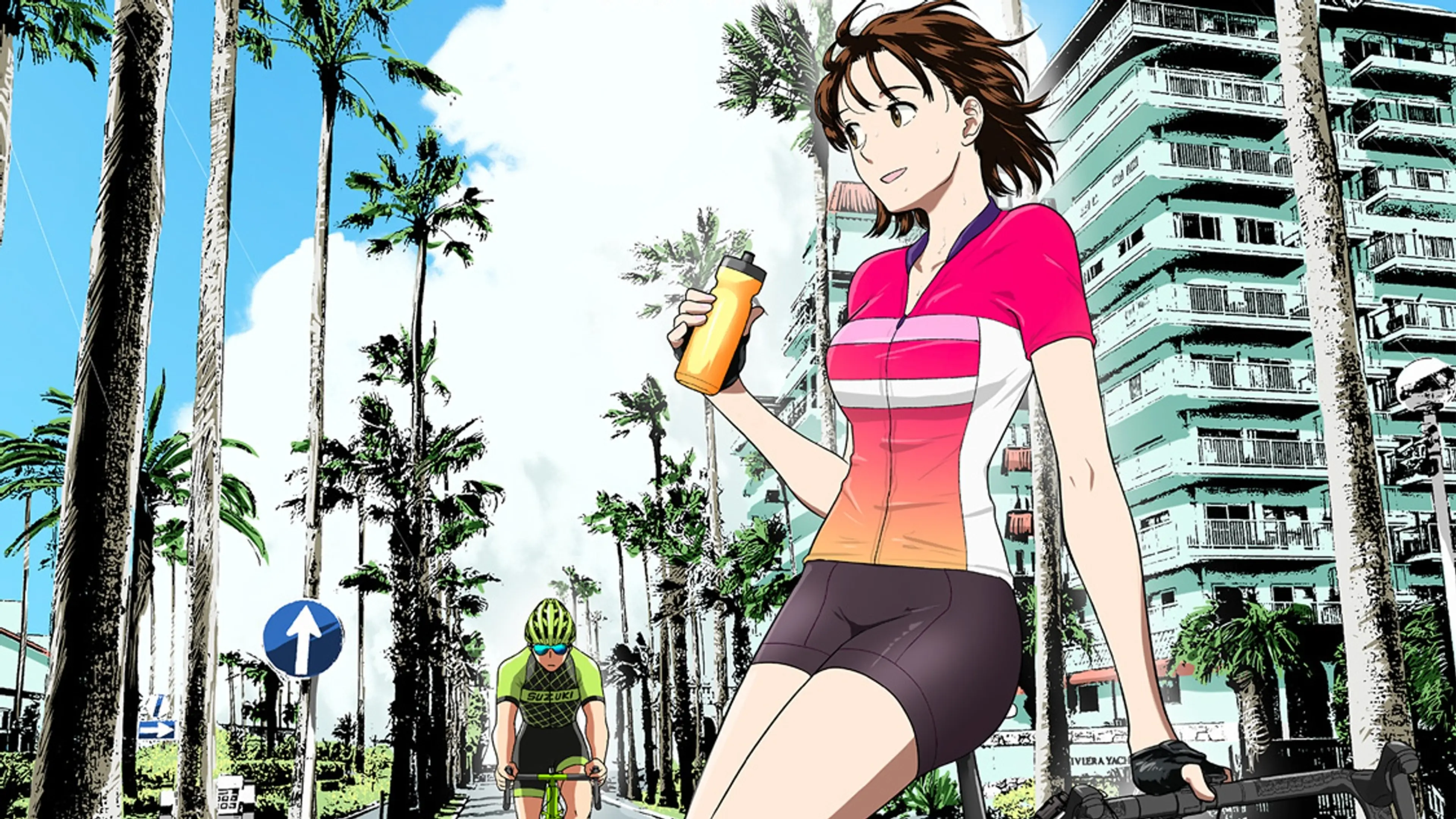 A brightly colored girl rides a bicycle through a palm-lined city street in official The Long Summer of August 31 manga artwork.