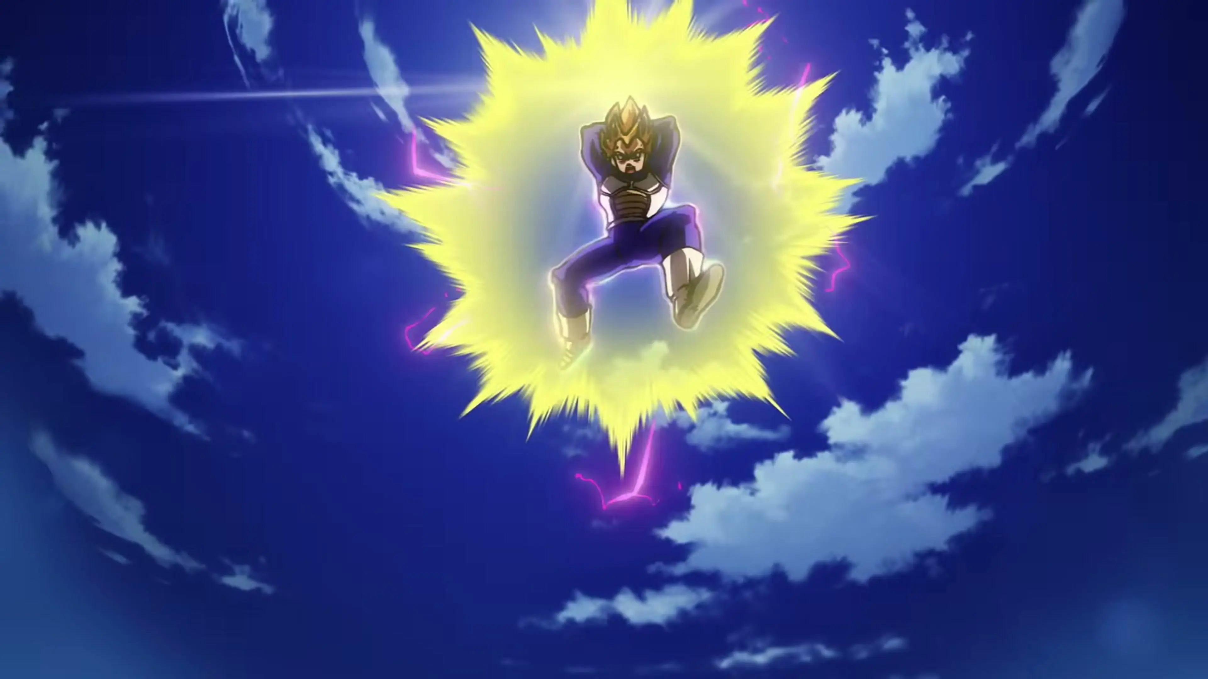 Vegeta shouts as blue energy rises around him in the Super Surge trailer.