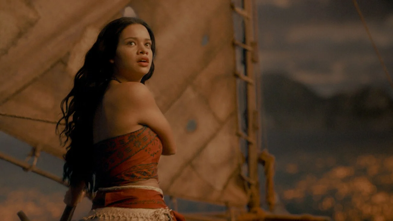 Catherine Lagaʻaia as Moana on her boat.