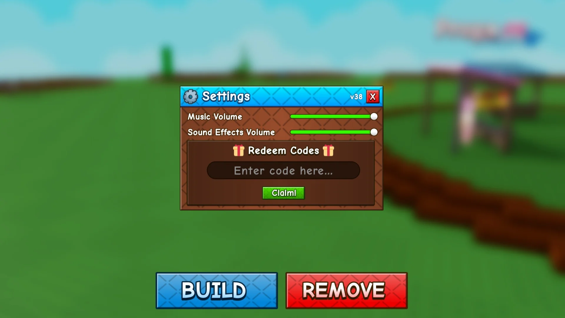 Grow a Garden 2 settings menu open to the Redeem Codes box.