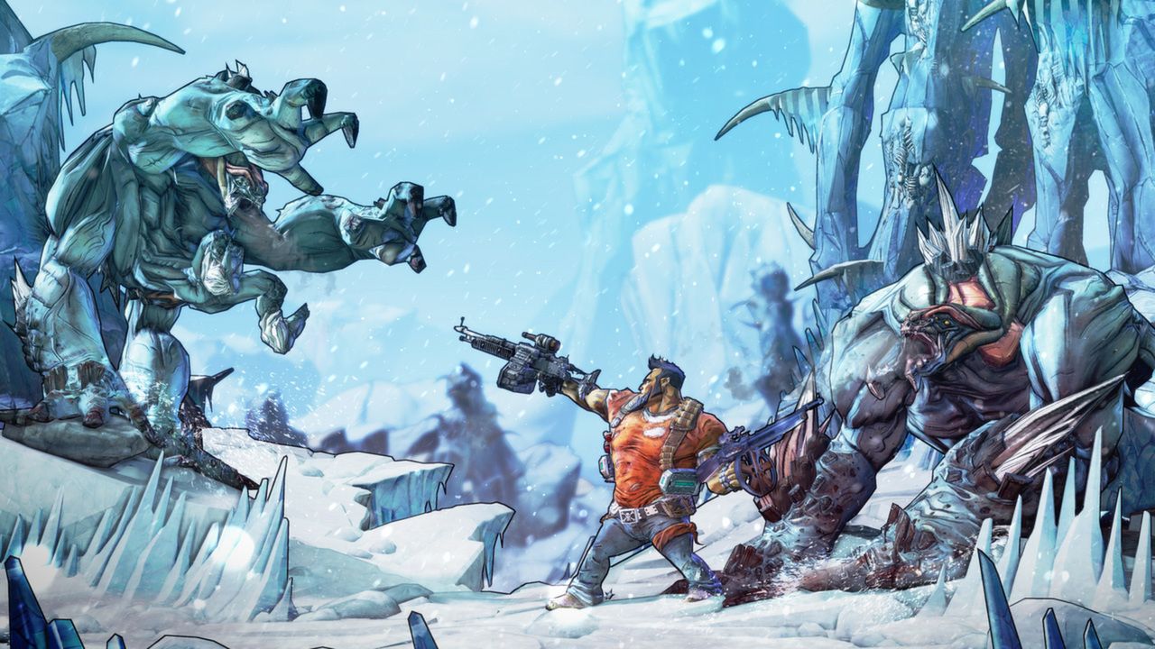 A Vault Hunter fights two large creatures in a snow-covered pass.