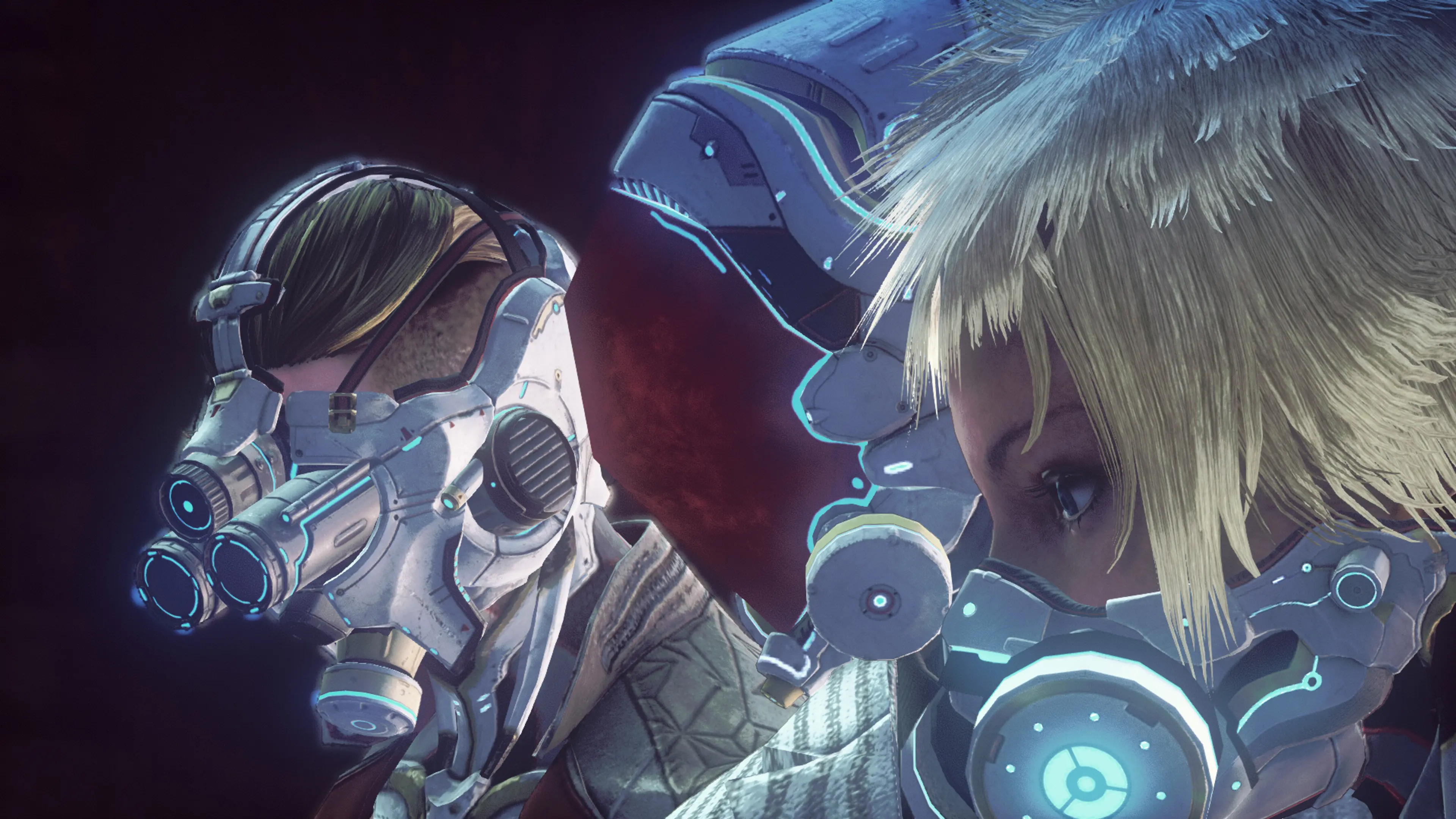 Two LET IT DIE fighters wear white futuristic armor with blue lights.