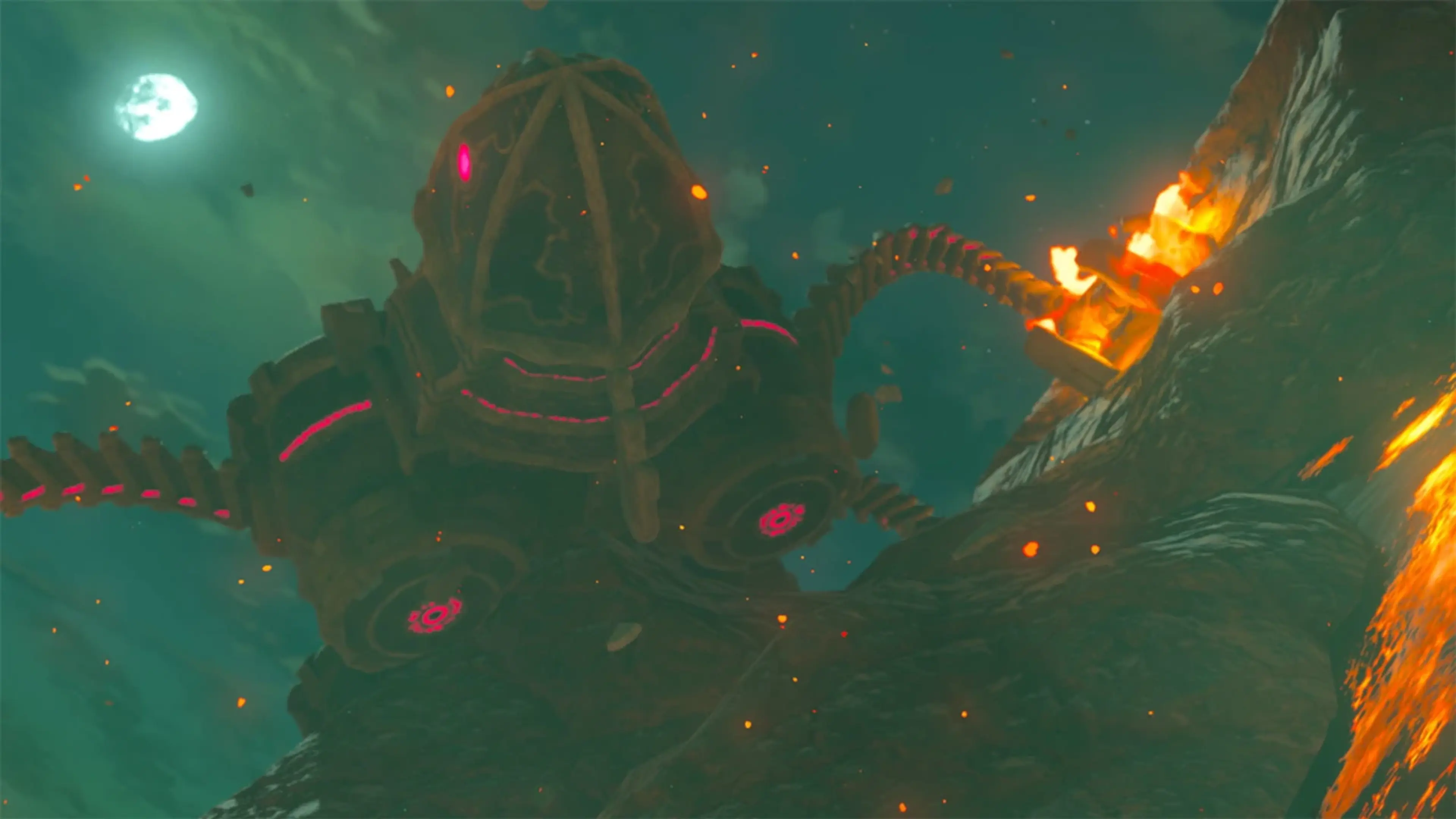 Divine Beast Vah Rudania moves through the volcanic landscape of Death Mountain in Breath of the Wild.