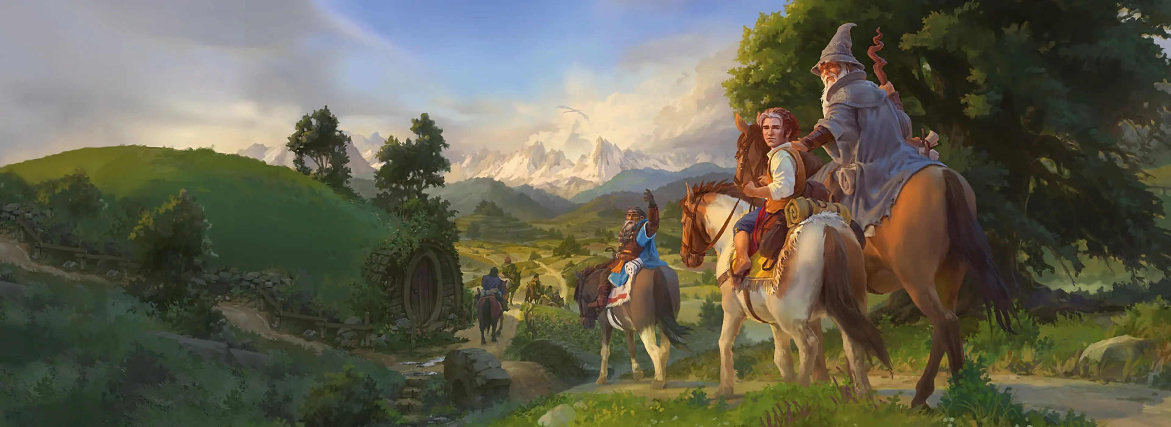 Official artwork: riders and a wizard travel through a green valley beneath distant mountains in Magic: The Gathering.