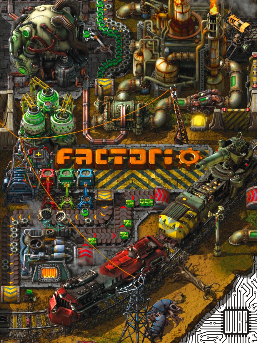 Official Factorio cover with its industrial machinery artwork and native title logo.