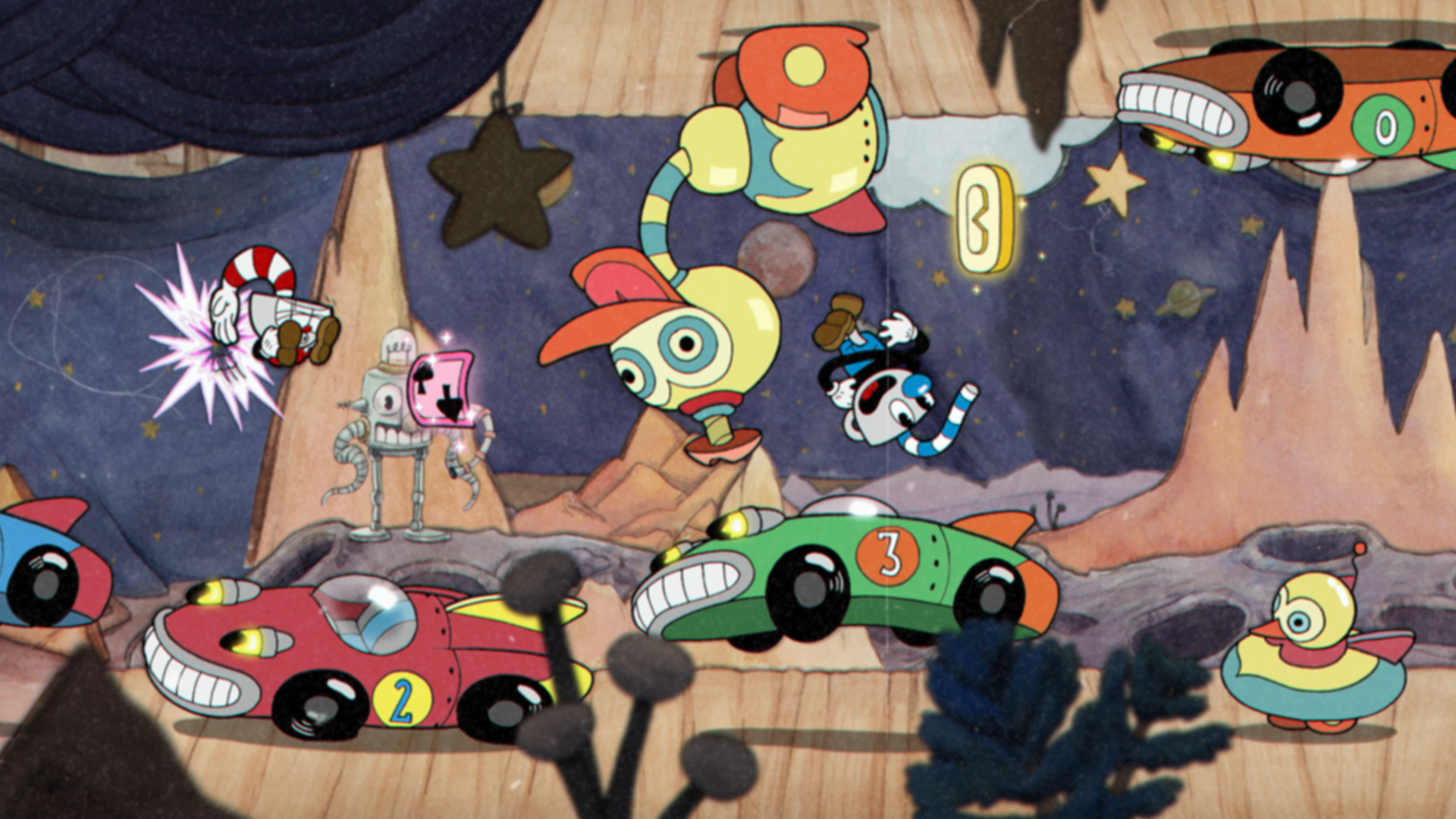 Cuphead jumps through a run-and-gun stage with a gold coin and moving toy enemies.