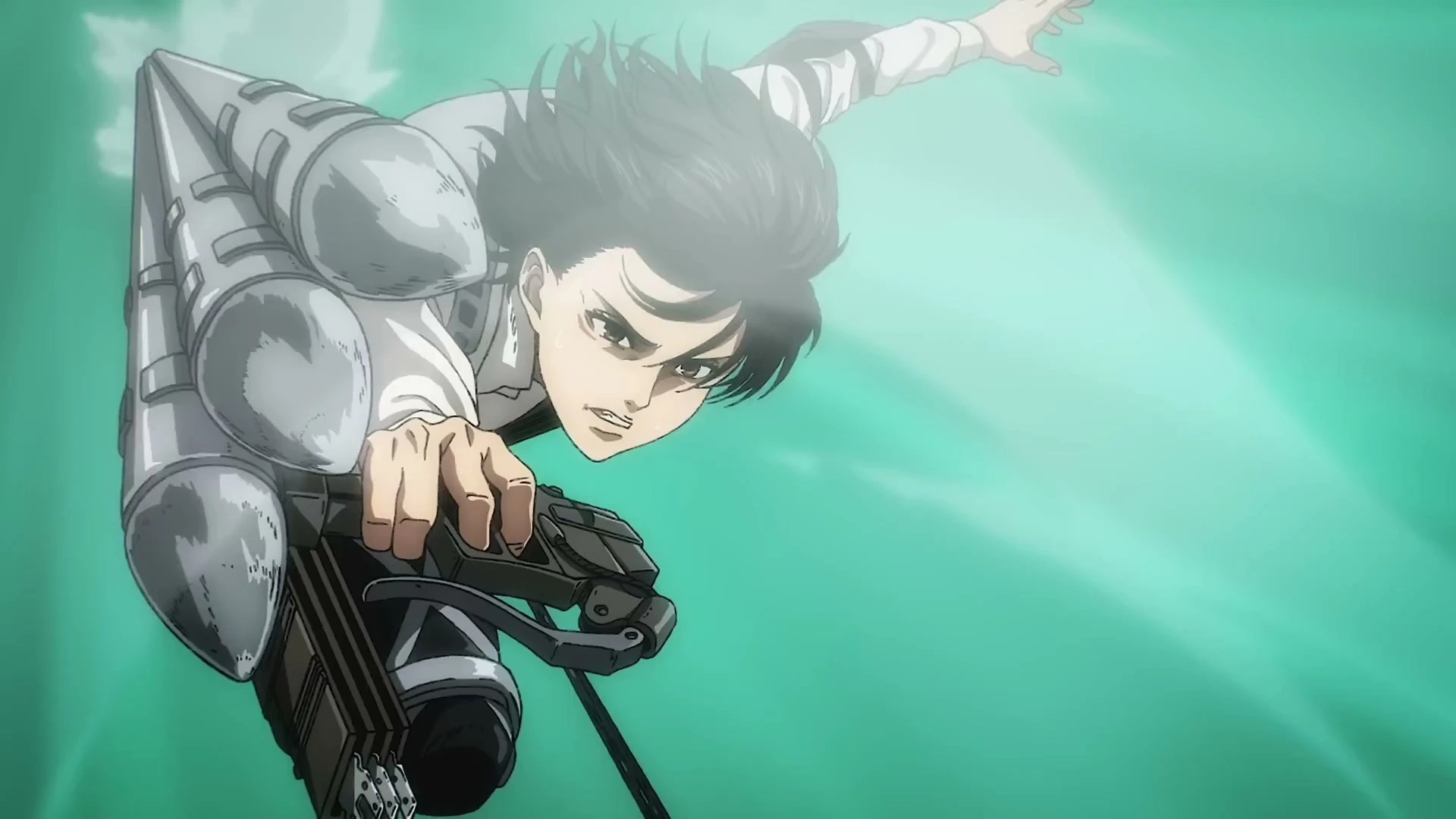Mikasa Ackerman flies through a green sky using vertical maneuvering gear in official Attack on Titan footage.