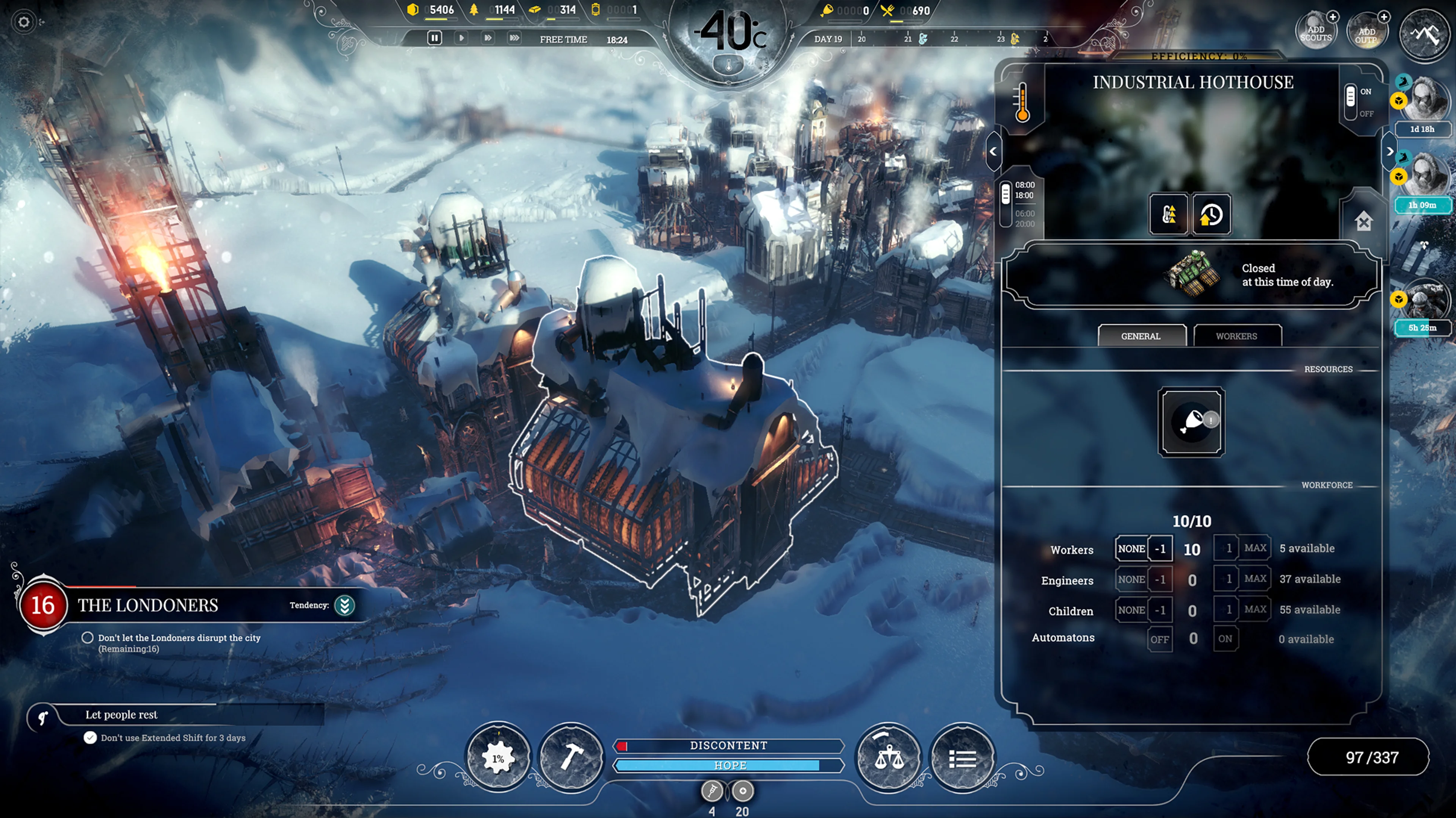 Official Frostpunk screenshot with an Industrial Hothouse selected and its right-side panel showing Workers, Engineers, plus-one and Max controls.