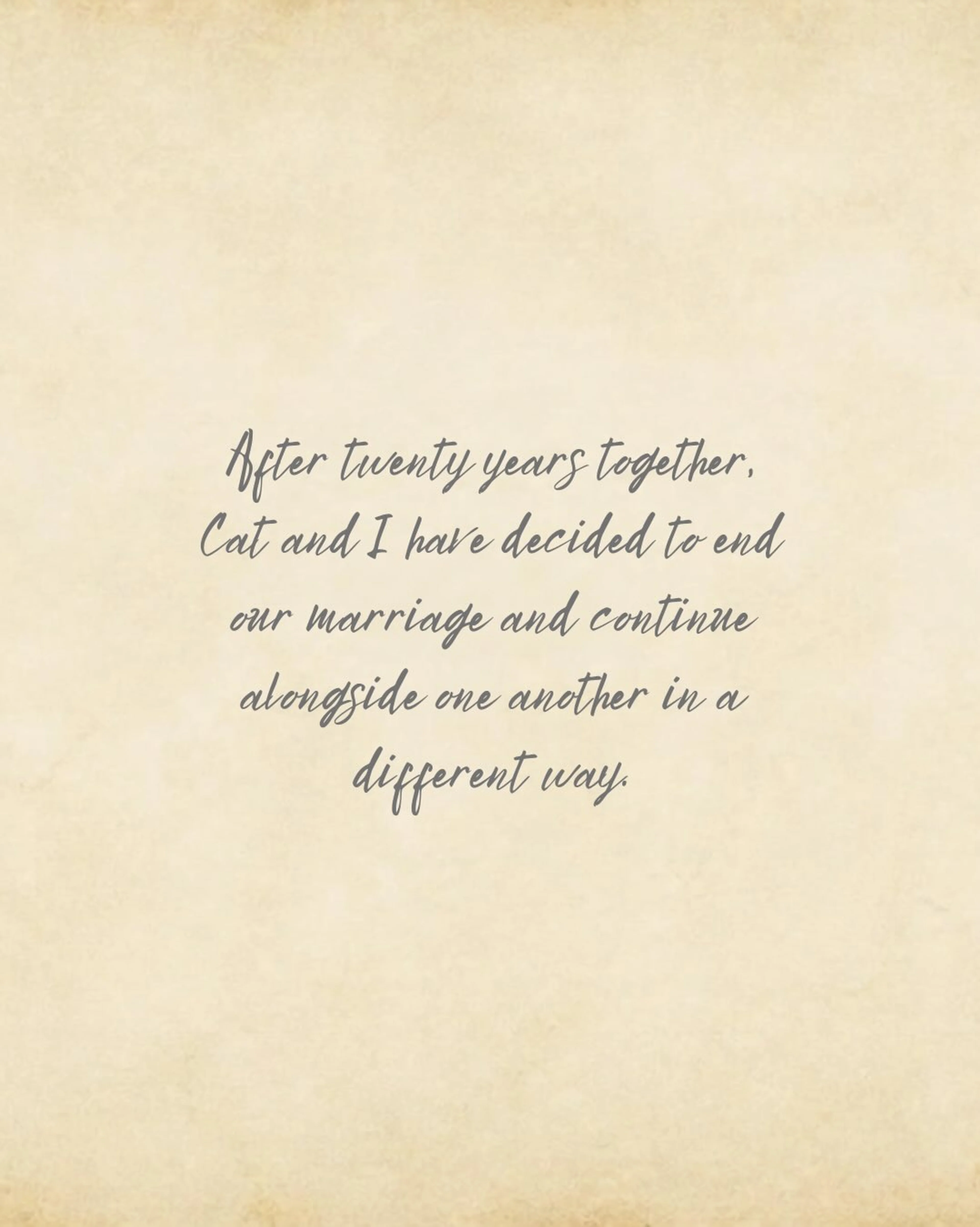 A written card from Alan and Catherine Ritchson announcing the end of their 20-year marriage.