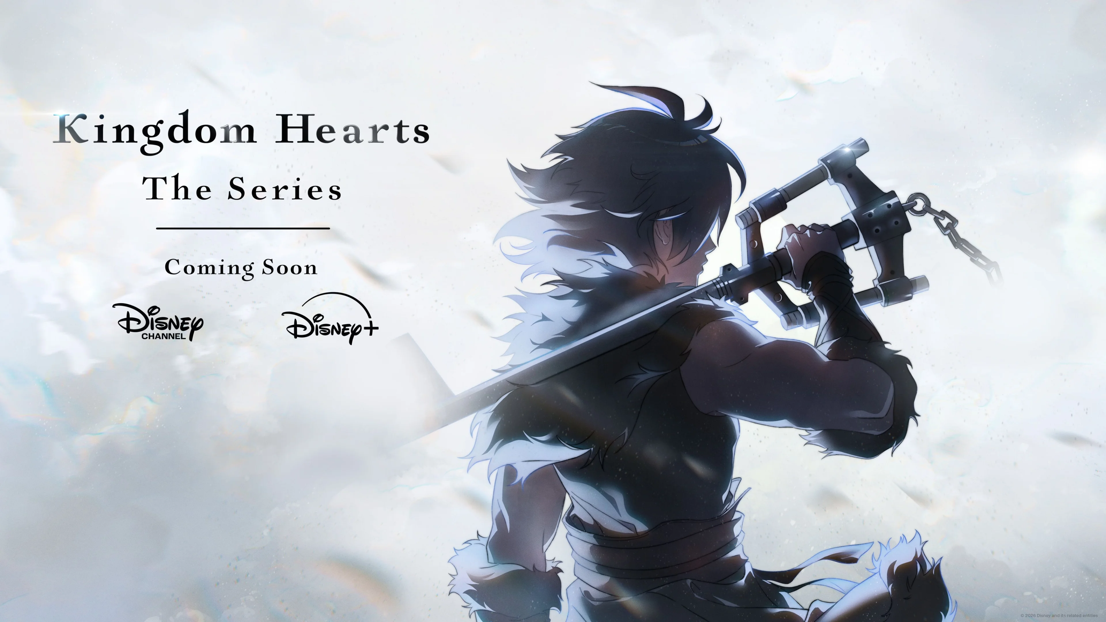 Announcement art for the Kingdom Hearts animated series showing a Keyblade wielder in silhouette.