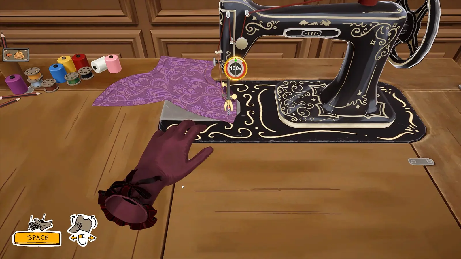 A player guides purple fabric through a sewing machine in Dressmaker.