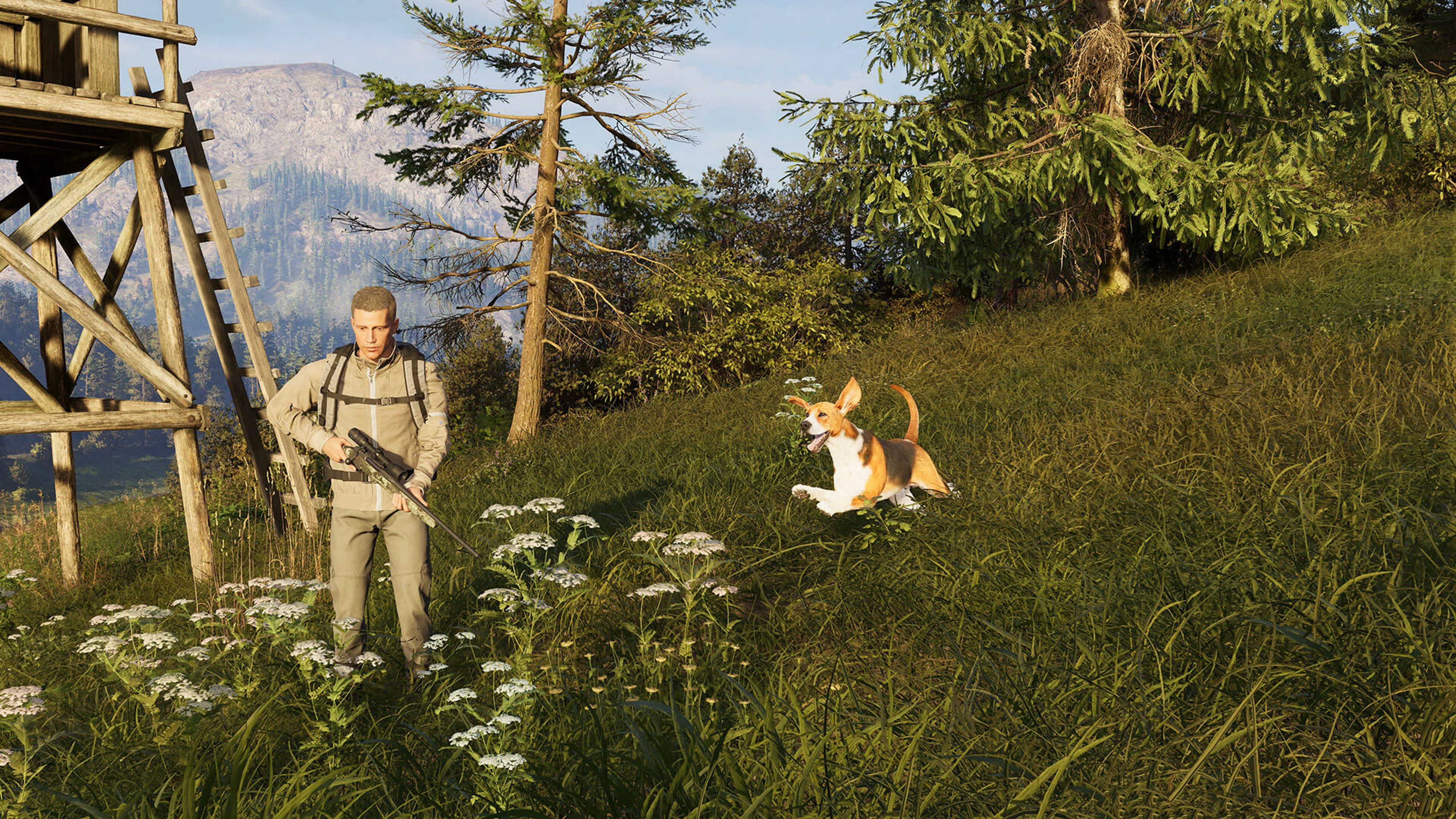 A hunter and a trained dog move through tall grass beside a wooden hunting stand in Way of the Hunter 2.