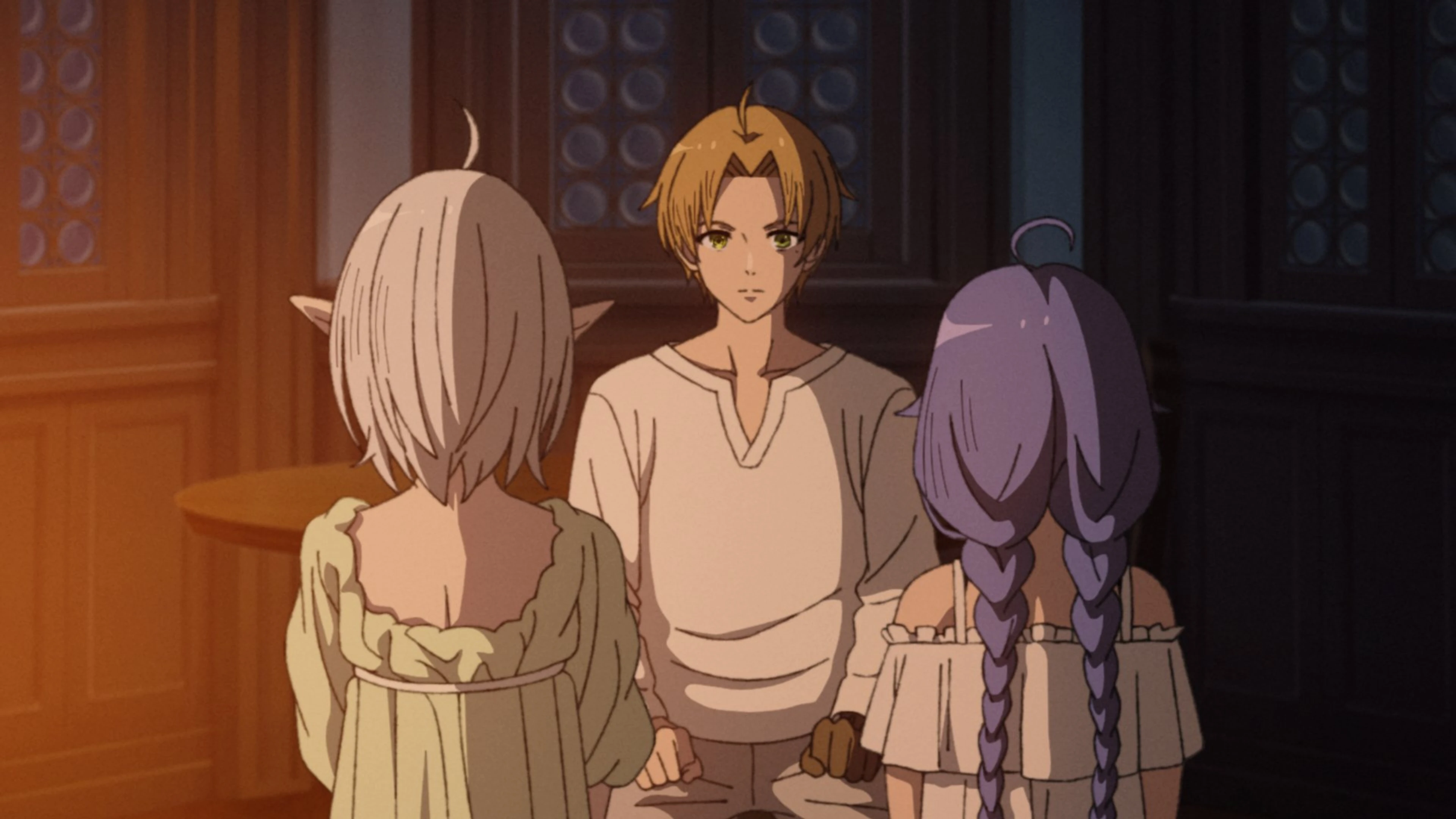 Rudeus sits with Sylphiette and Roxy in an official Mushoku Tensei season 3 finale still.