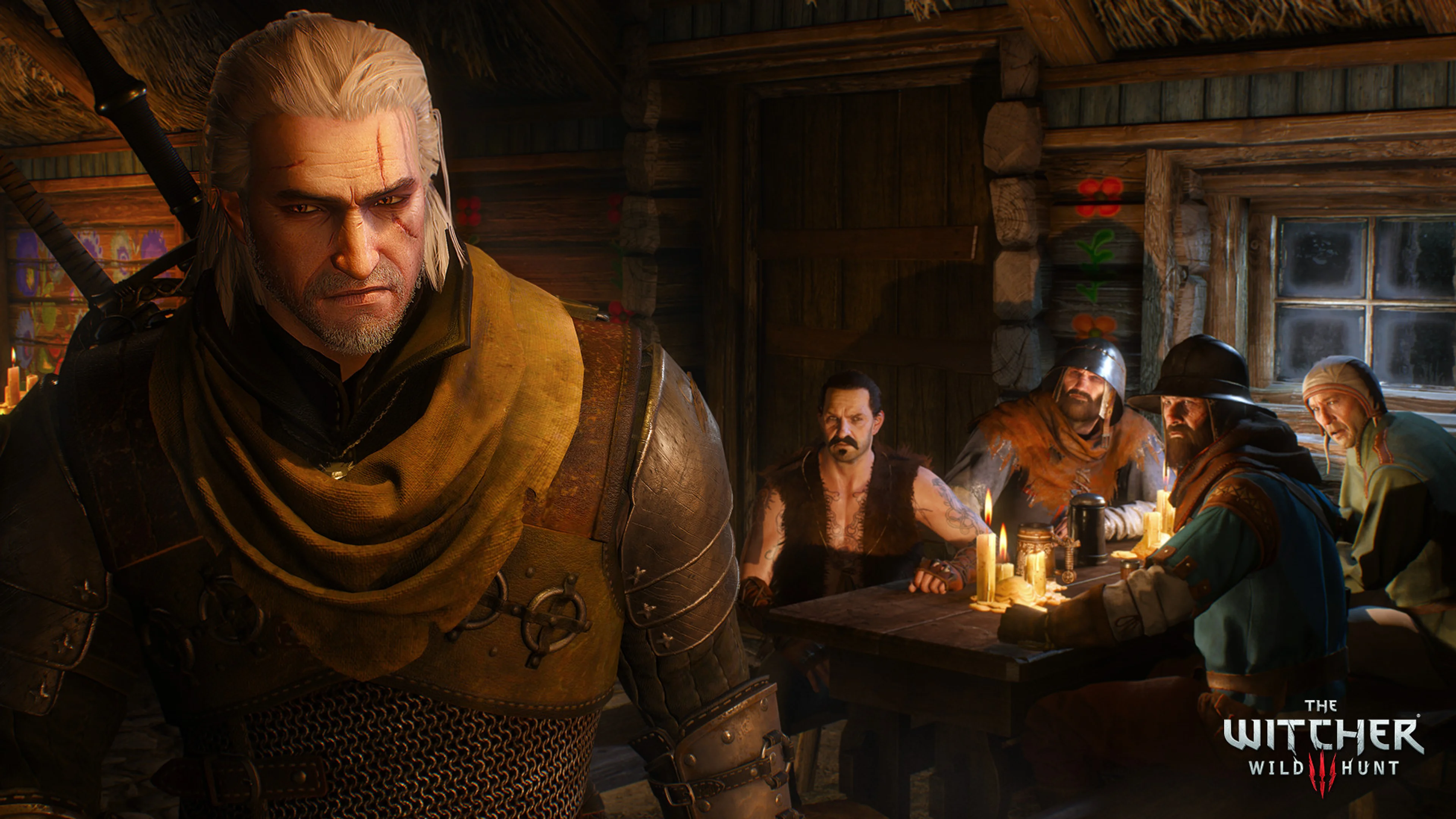 Geralt stands inside a busy tavern in The Witcher 3: Wild Hunt.