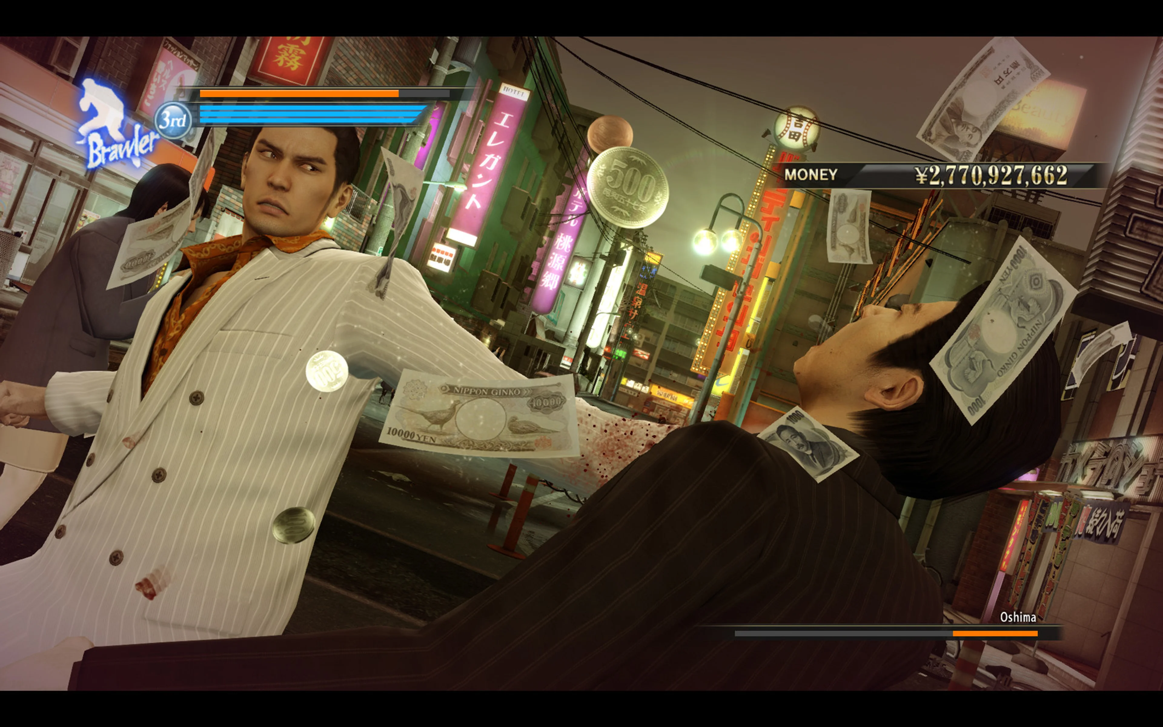 Official Yakuza 0 screenshot: the Brawler style icon and name appear at the upper left, next to Kiryu's orange health and blue Heat bars.