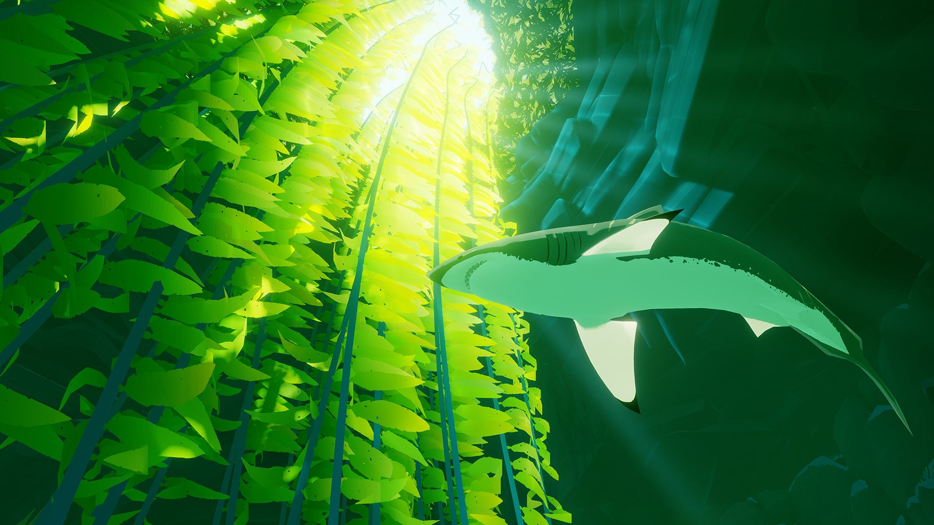 A pale shark swims through a bright green kelp forest in ABZÛ.