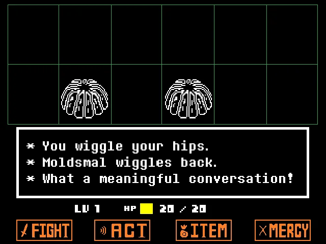 Official Undertale battle screenshot: monster sprites at the top, white dialogue box in the middle, HP bar above the four command buttons at the bottom.