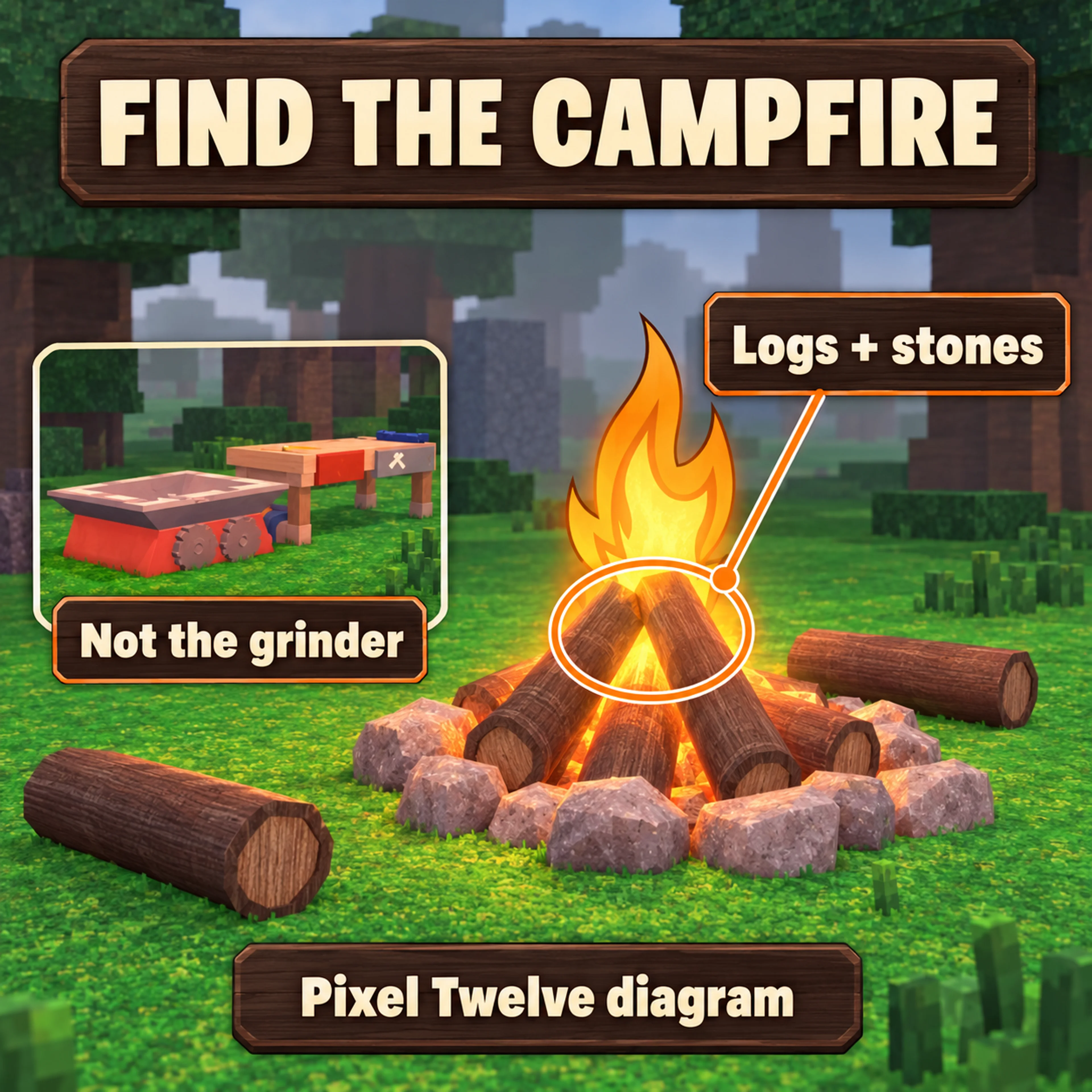 Diagram of the log-and-stone campfire beside the separate red-orange grinder in 99 Nights in the Forest.