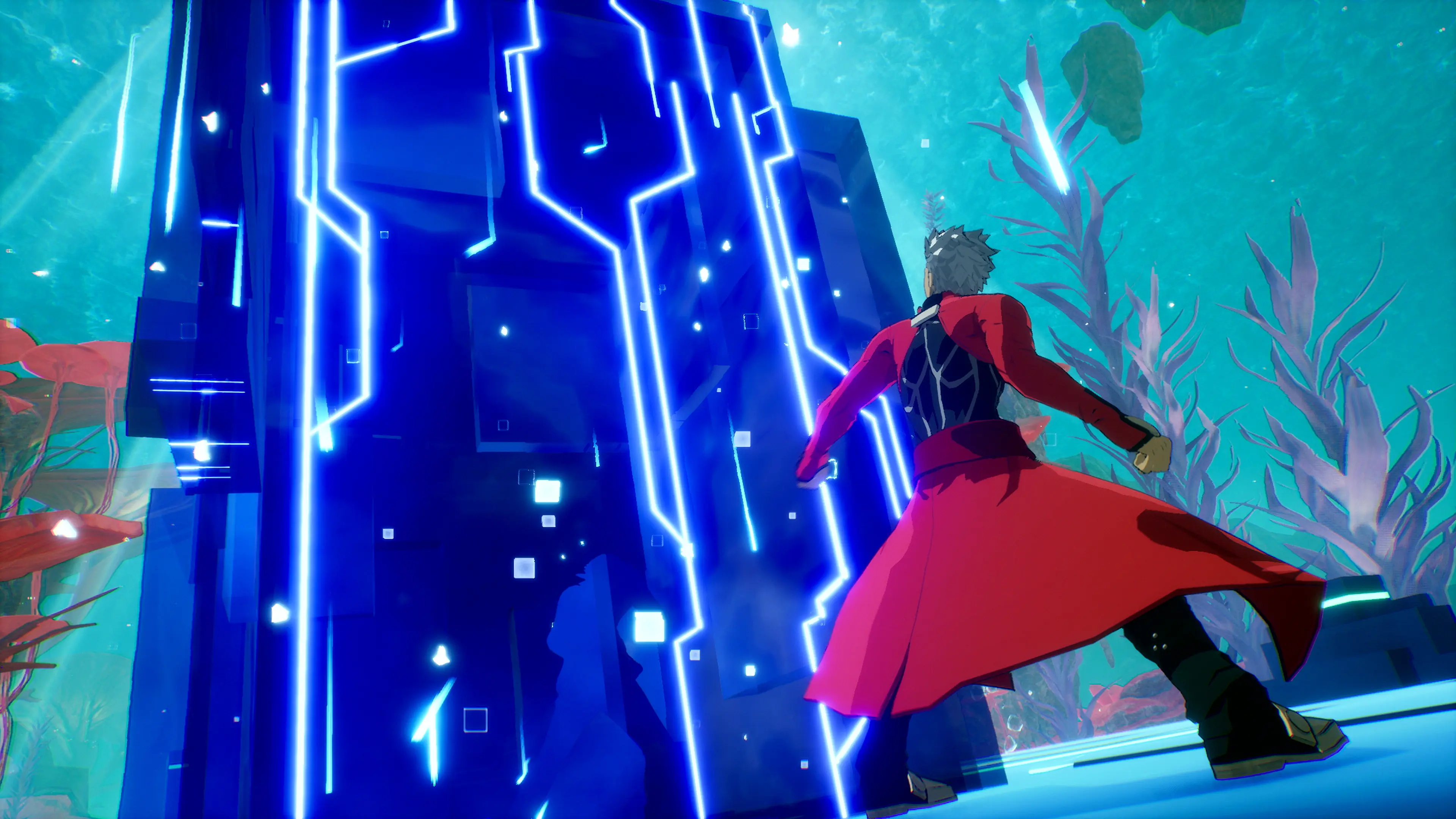 Archer stands before a glowing blue gate in Fate/EXTRA Record.