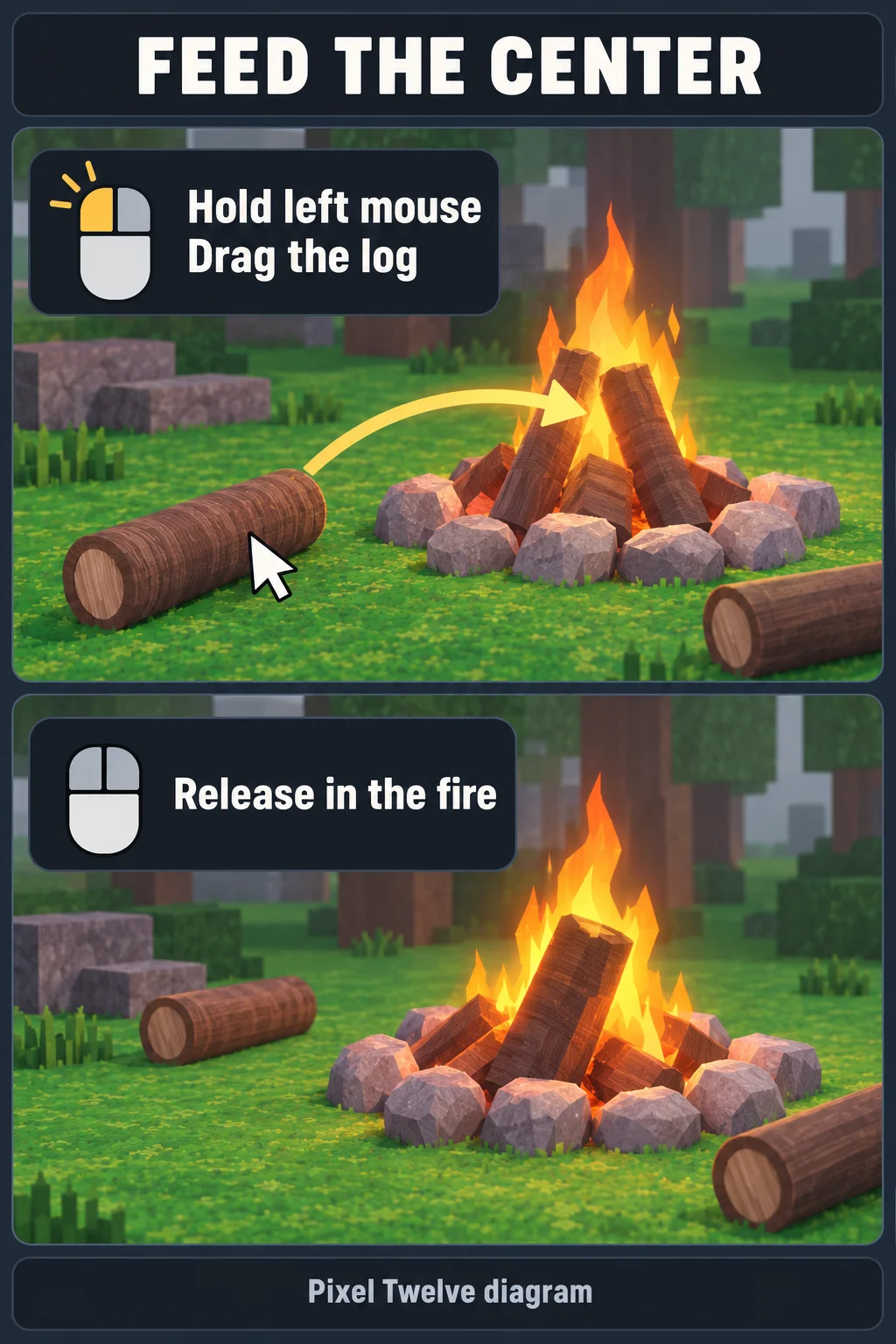 Mouse left button held while dragging a loose Log into the campfire, then released at the central wood pile.