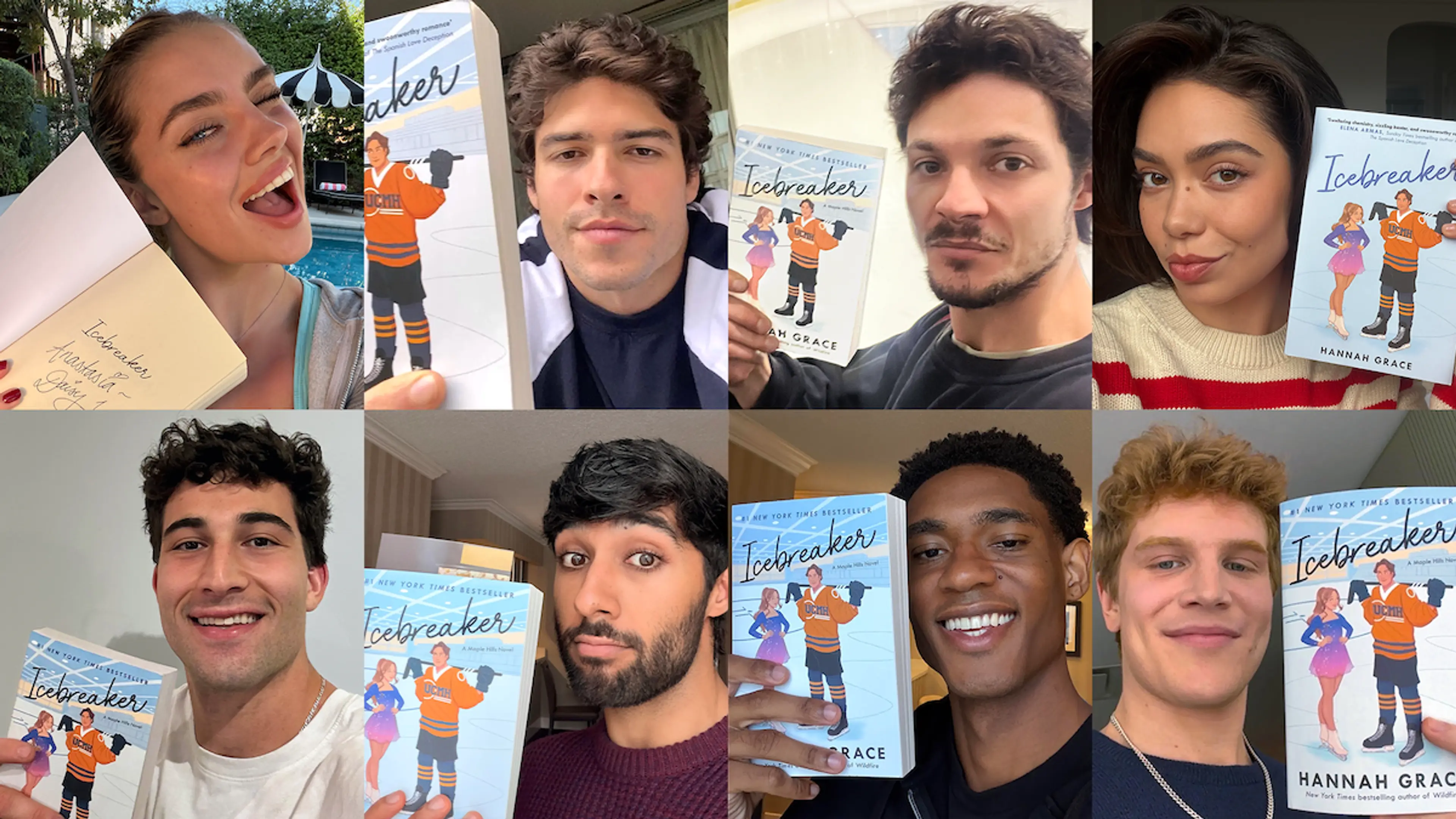 Collage of Icebreaker cast members Daisy Jelley, Connor Simos, Gabriel Tierney, Auliʻi Cravalho, Peter Berry, Chaneil Kular, Devin Craig and Aidan Shaw holding copies of Hannah Grace’s novel.