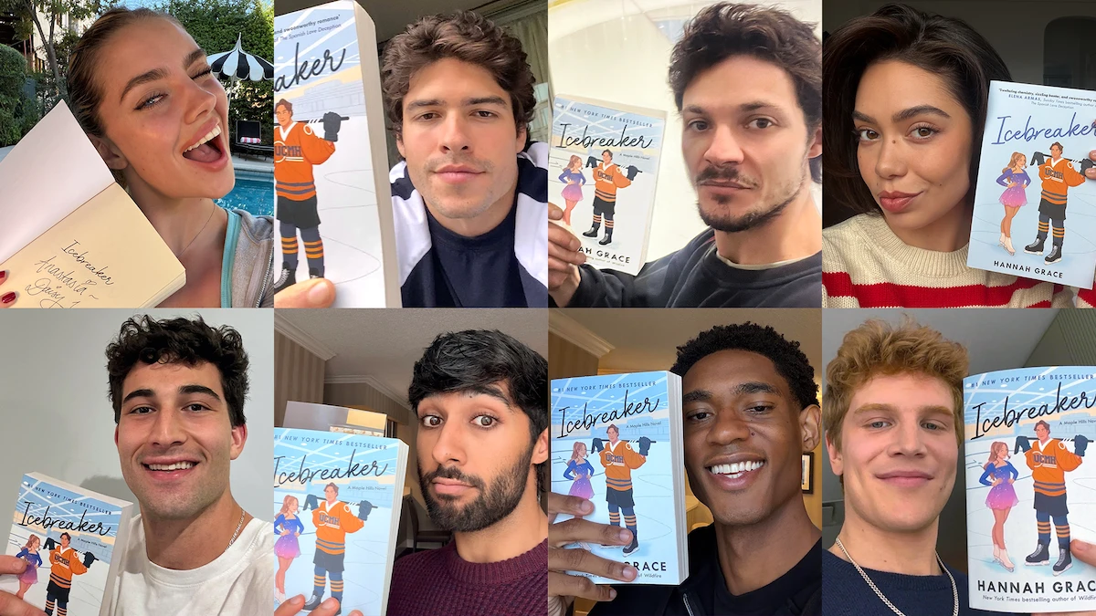 Collage of Icebreaker cast members Daisy Jelley, Connor Simos, Gabriel Tierney, Auliʻi Cravalho, Peter Berry, Chaneil Kular, Devin Craig and Aidan Shaw holding copies of Hannah Grace’s novel.