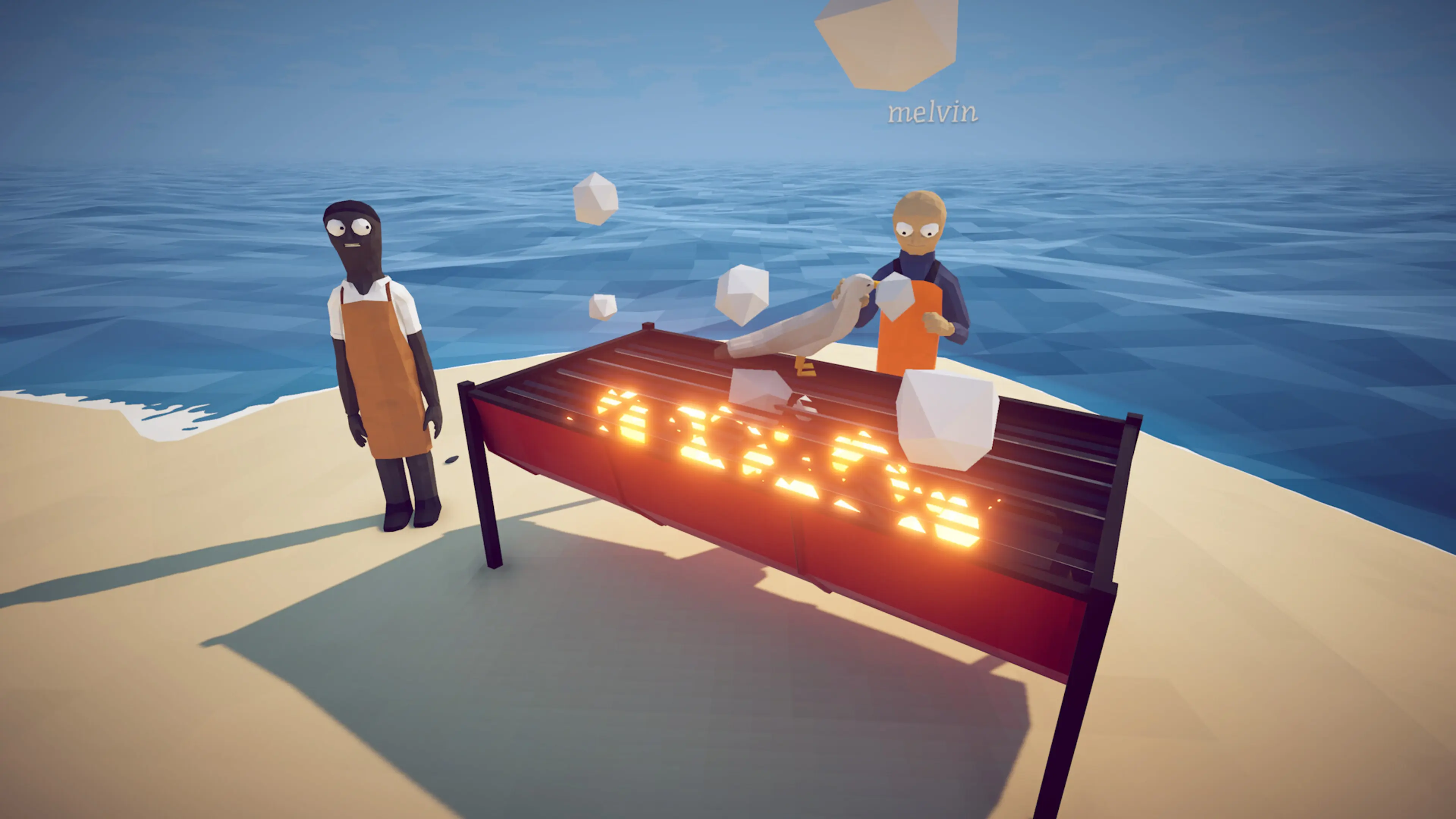 Two players cook a fish over a beach grill in How to Fish.