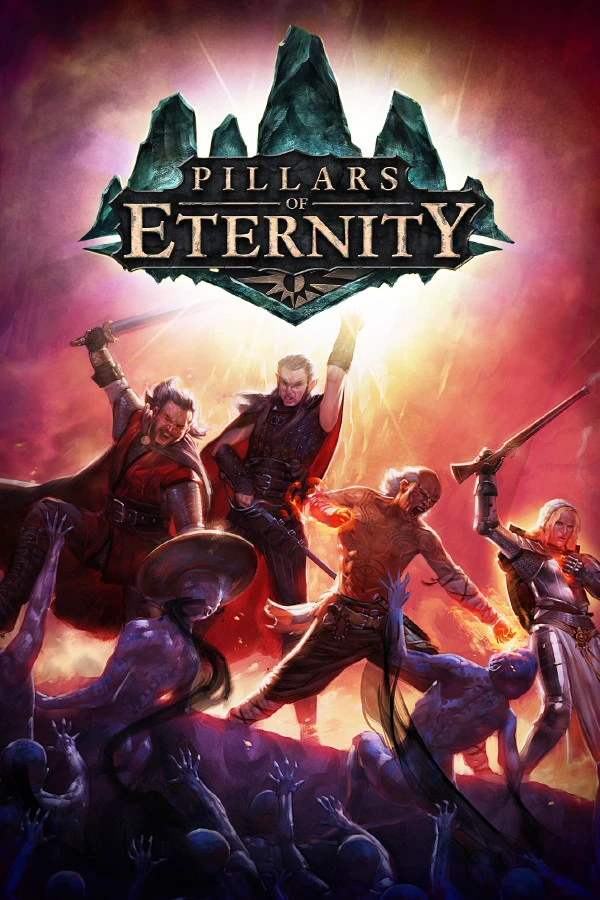 Official Pillars of Eternity vertical cover showing the game logo above a fantasy party in combat.