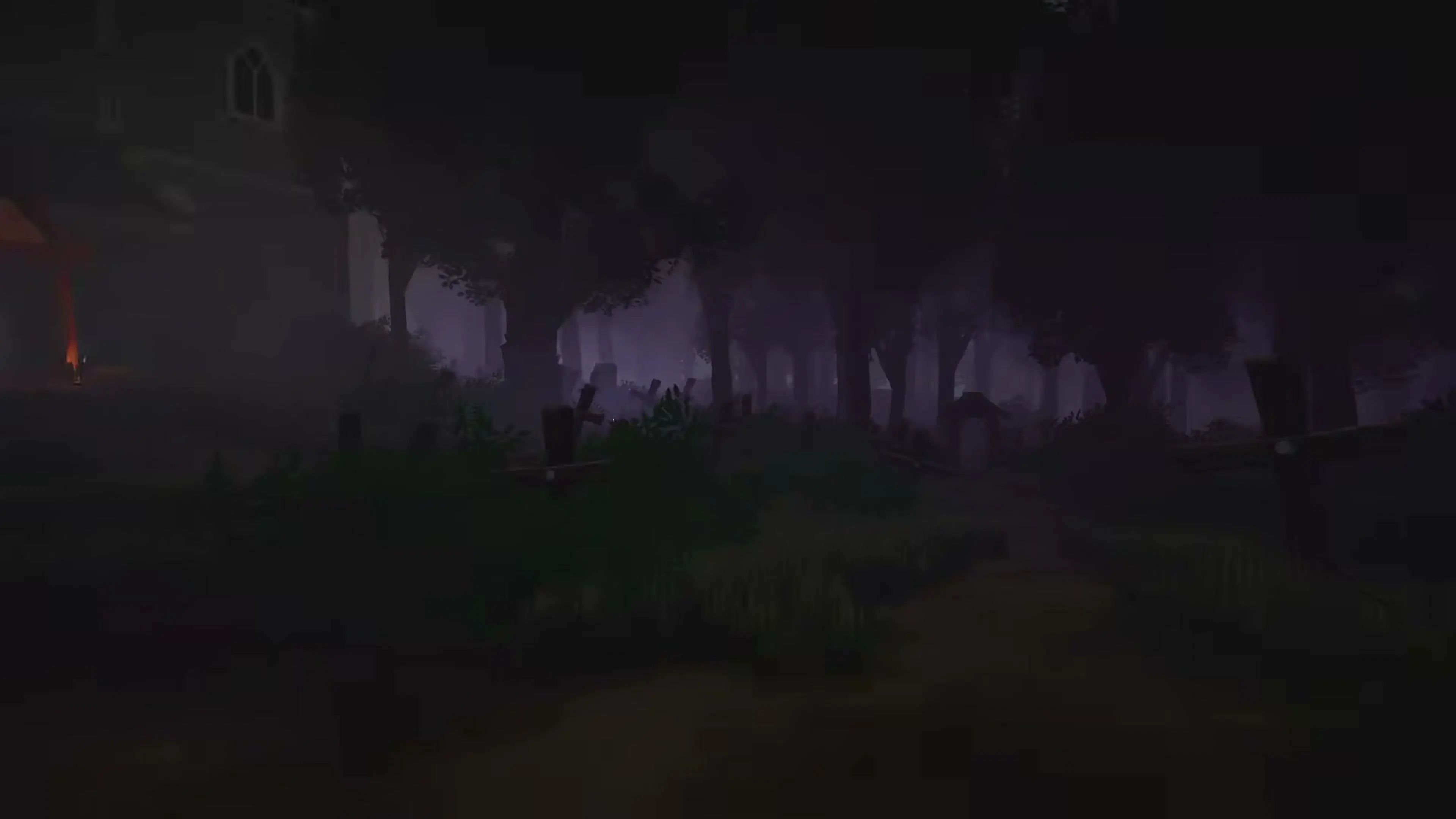 A moonlit graveyard and church silhouettes fade into purple mist.