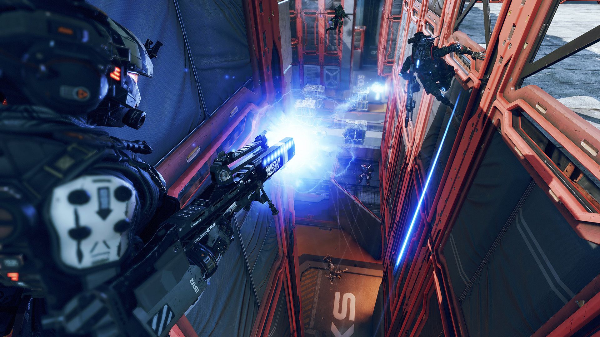 A Pilot fires at an enemy next to a bright electrical effect.