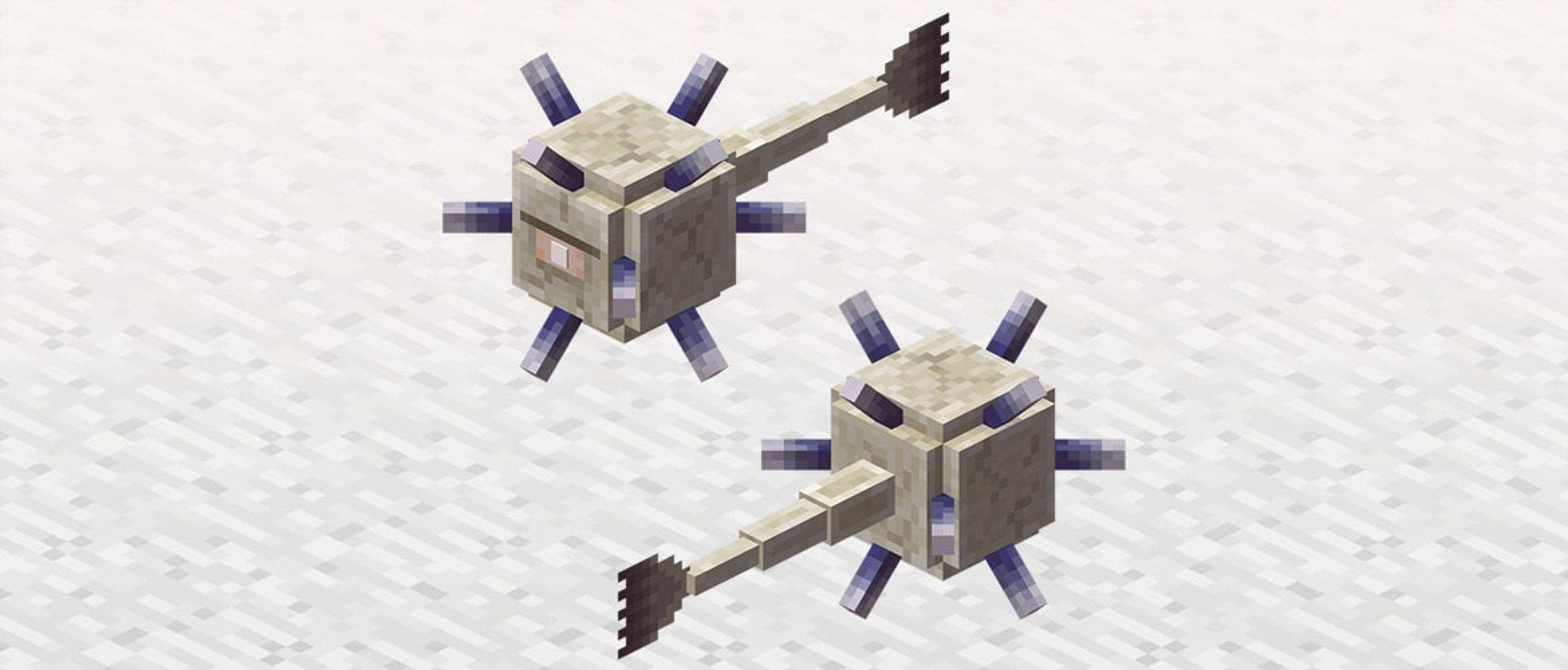 Two views of an elder guardian mob on an official Minecraft background.