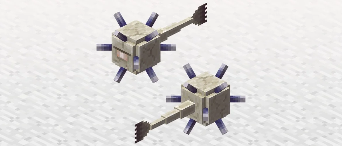 Two views of an elder guardian mob on an official Minecraft background.