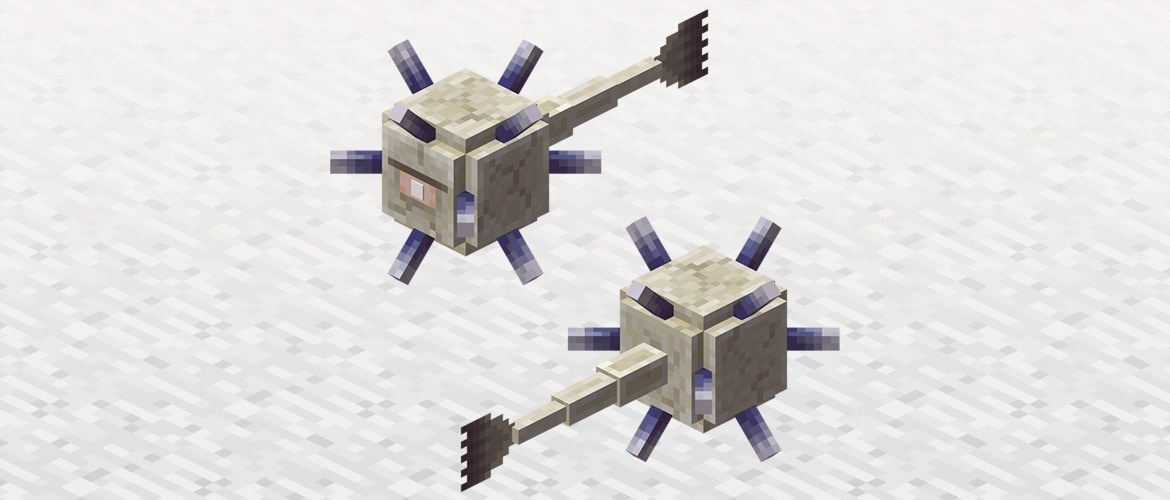 Two views of an elder guardian mob on an official Minecraft background.