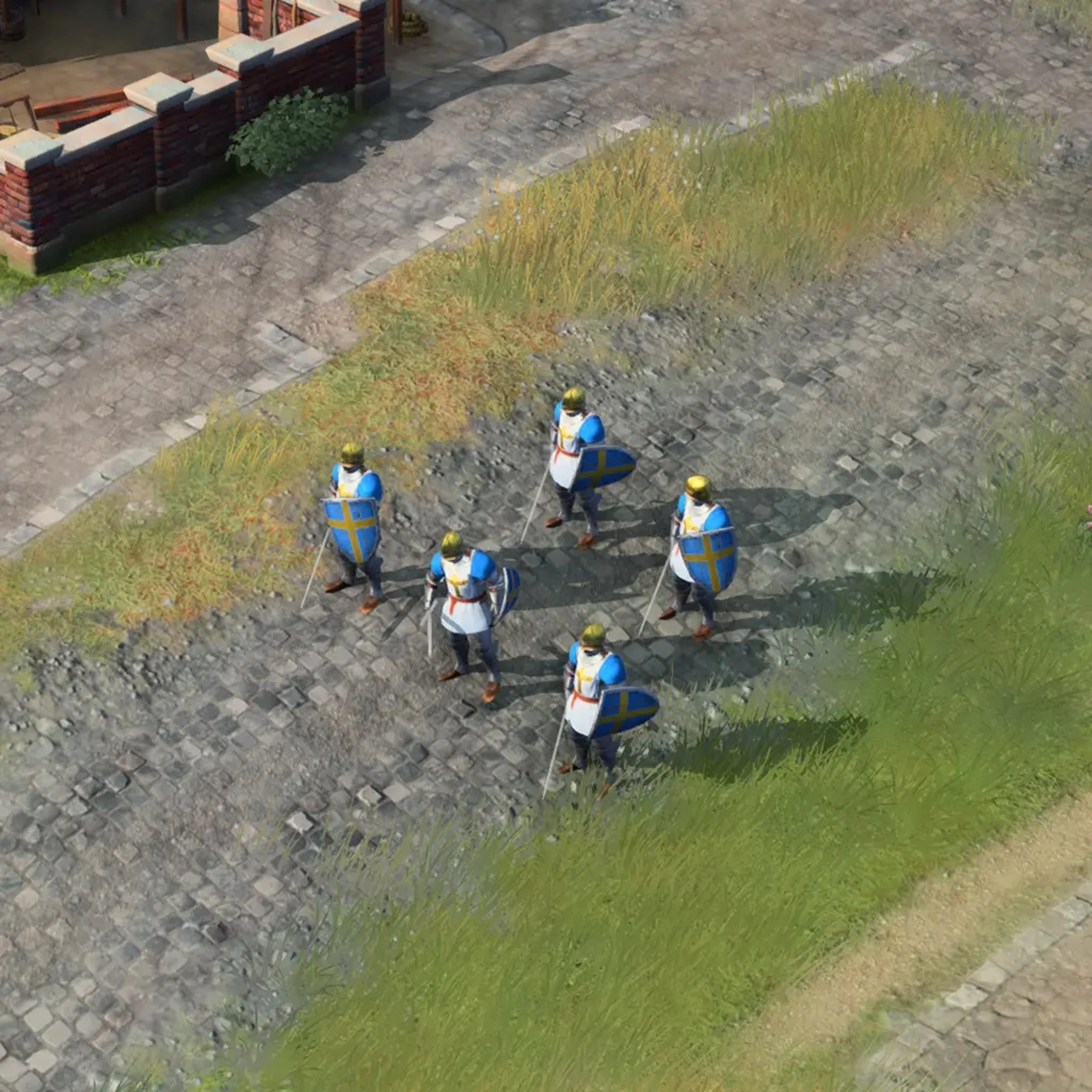 These English Men-at-Arms wear armor and carry shields and melee weapons. They are a different target from light Spearmen: identify the unit before spending the whole fight shooting it with ordinary archers.