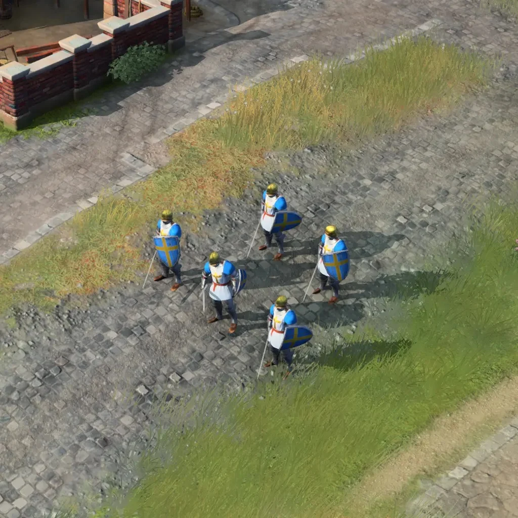 These English Men-at-Arms wear armor and carry shields and melee weapons. They are a different target from light Spearmen: identify the unit before spending the whole fight shooting it with ordinary archers.