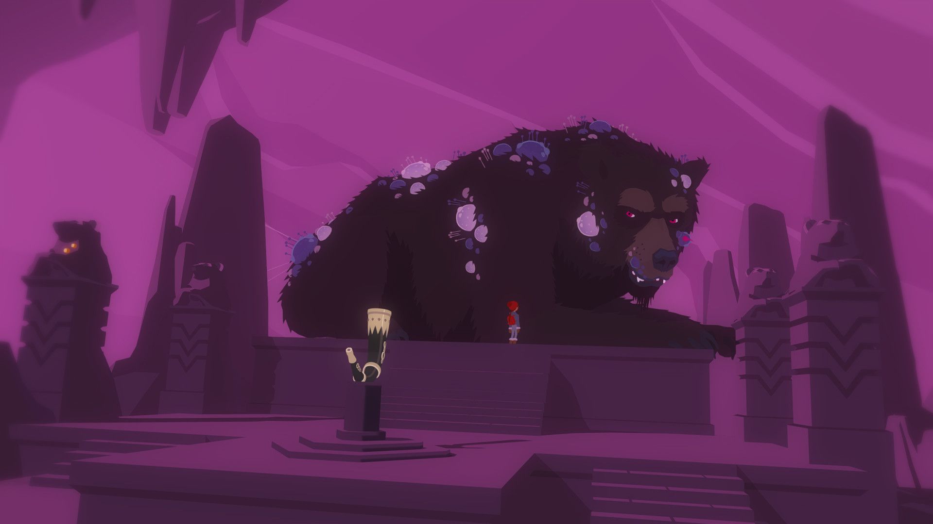 A giant dark bear lies beneath purple light inside a stone chamber in Röki.