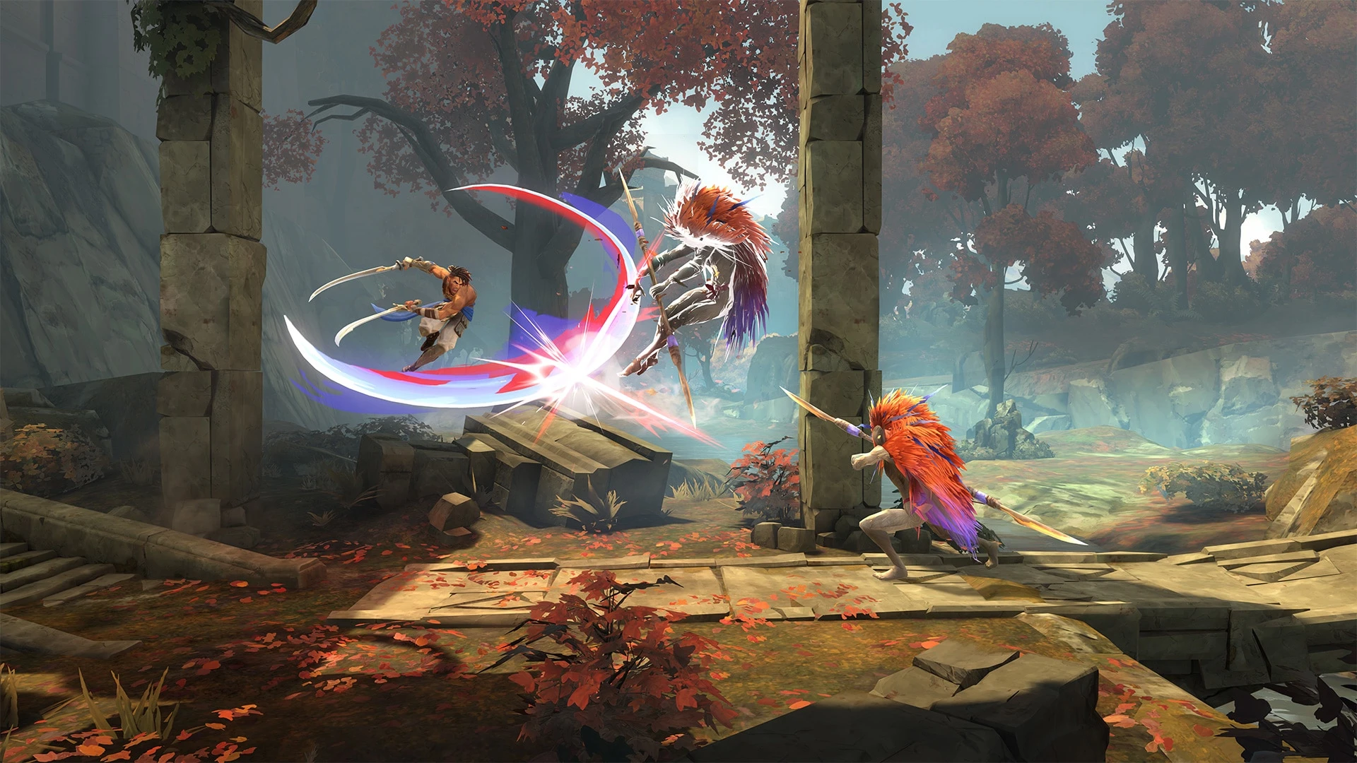 Sargon fights two warriors in a forest in Prince of Persia The Lost Crown.