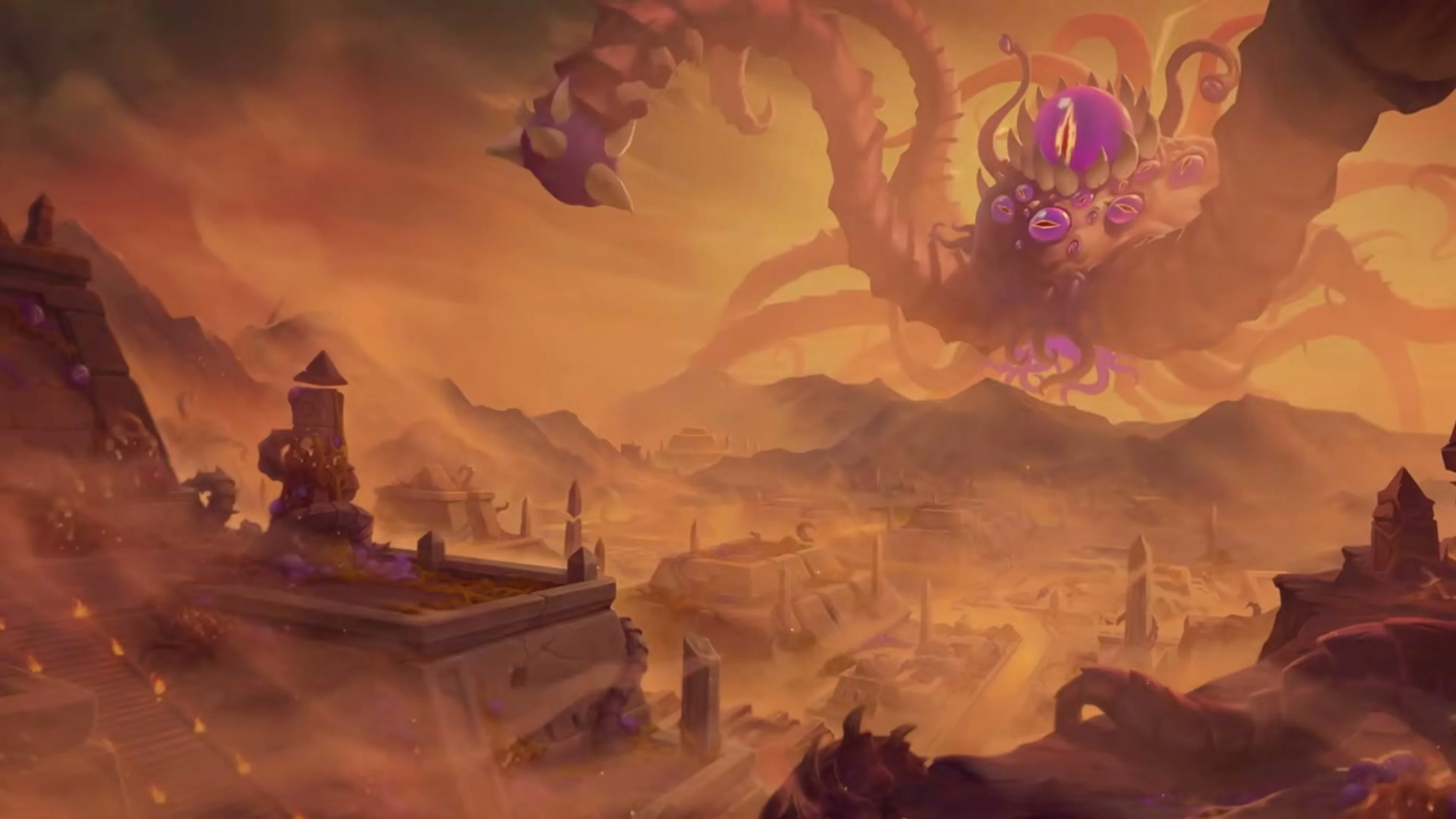 A huge purple Old God towers over an ancient city in a dusty orange landscape.