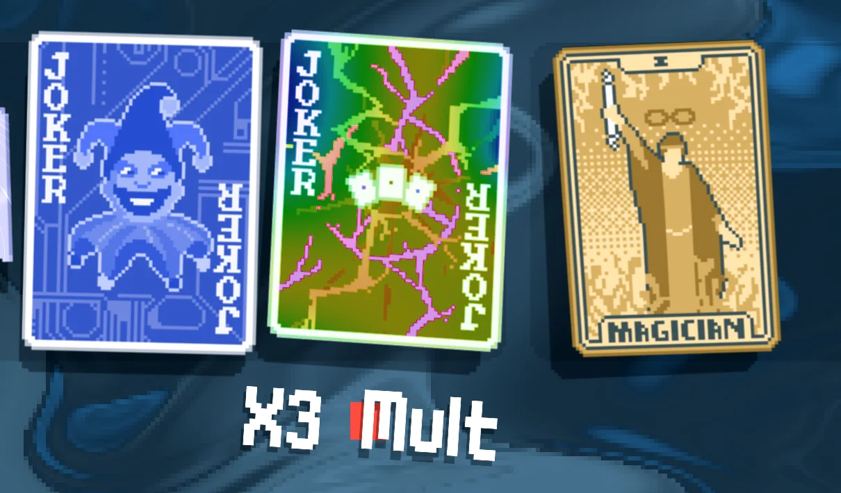 An X3 Mult popup appears below the top-row Joker cards in a different official Balatro scoring example.