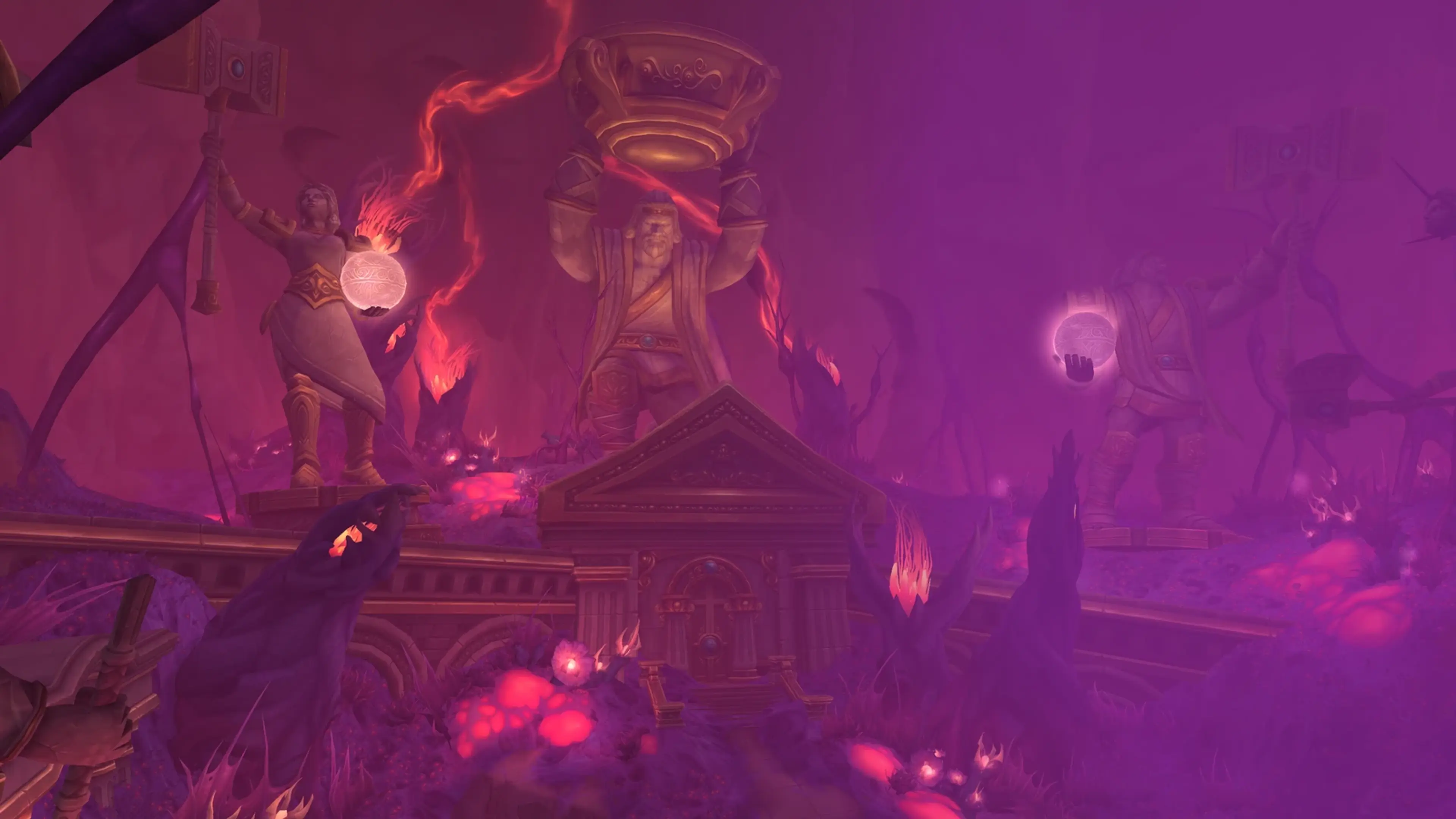 A player character stands in a purple-lit excavation boss room in World of Warcraft.