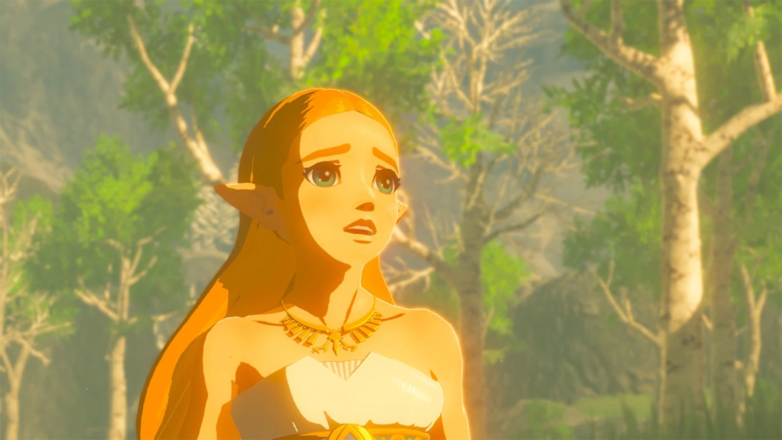 Princess Zelda looks upward in a sunlit forest in Breath of the Wild.