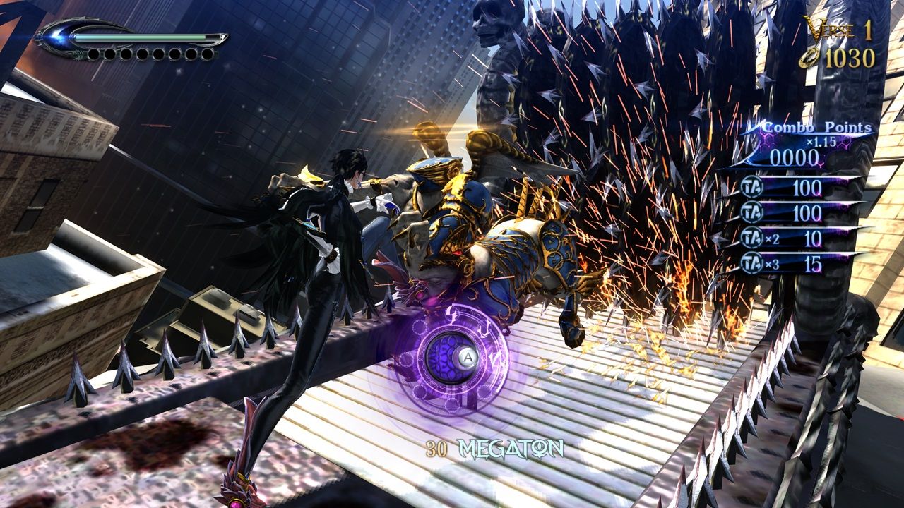 Bayonetta fights several enemies on a platform with the combat display visible.