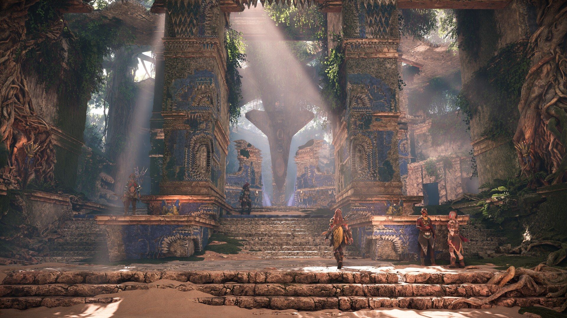 Aloy enters a mossy ruin beneath the trees.