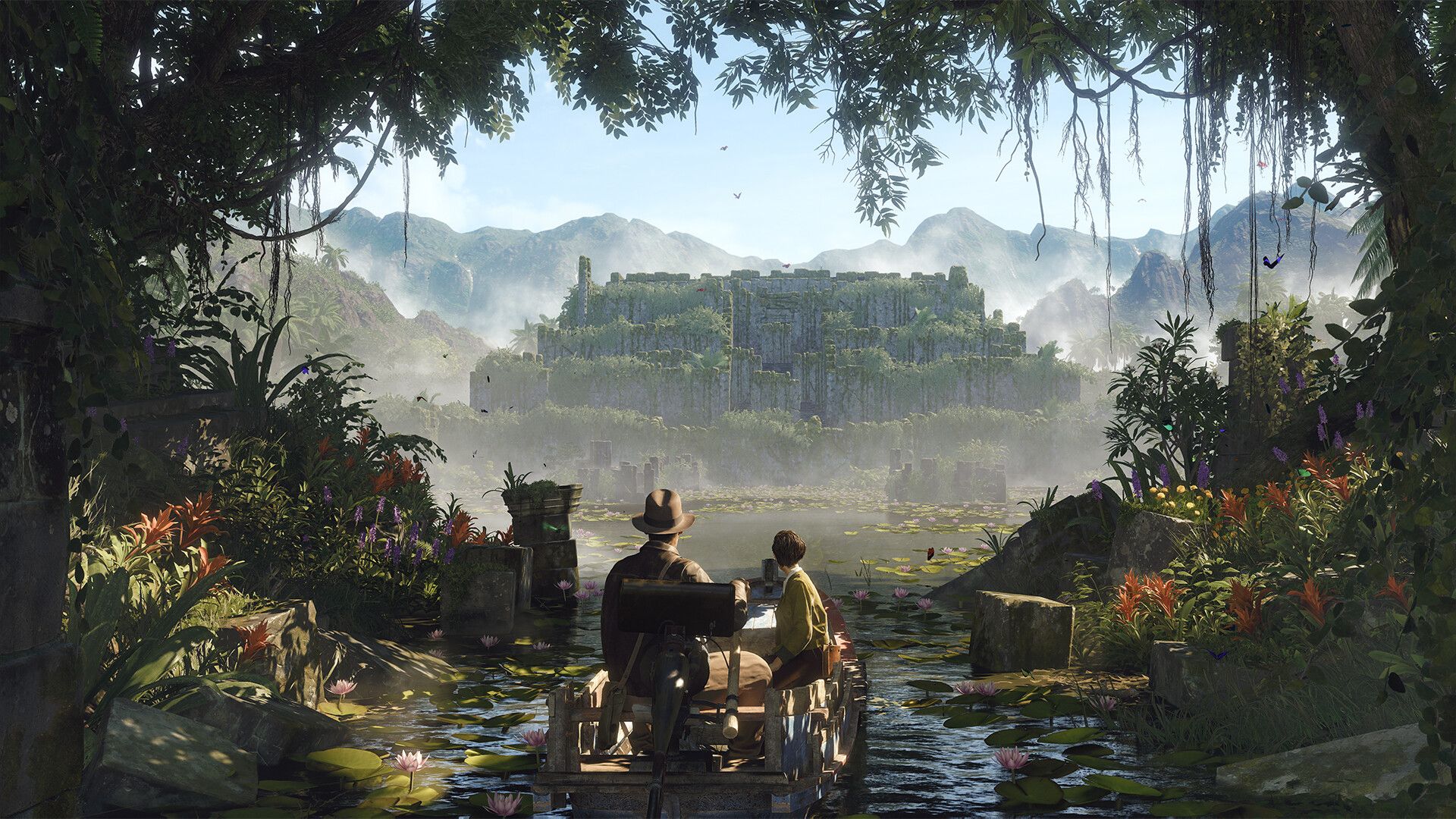 Indiana Jones and companions approach ruins across a green river valley.