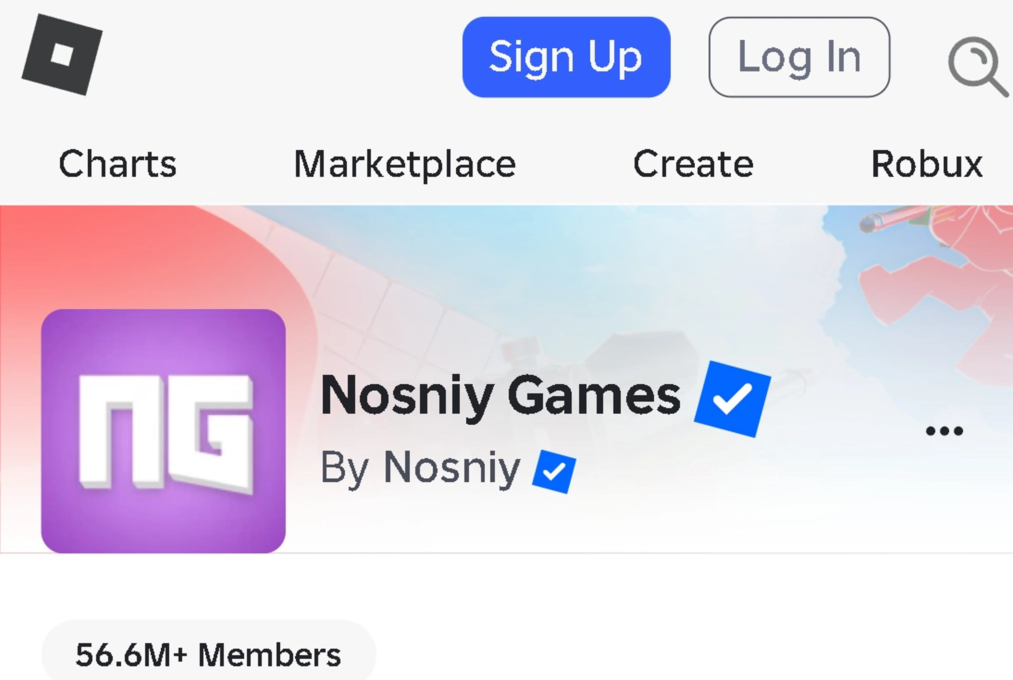 Real Nosniy Games community header: purple NG icon, blue verified badge, By Nosniy owner link and logged-out Log In button.