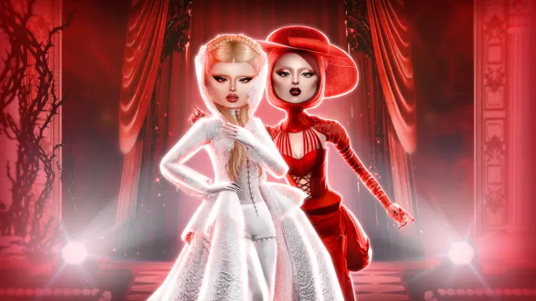 Two Dress To Impress characters wearing coordinated red and white runway outfits.
