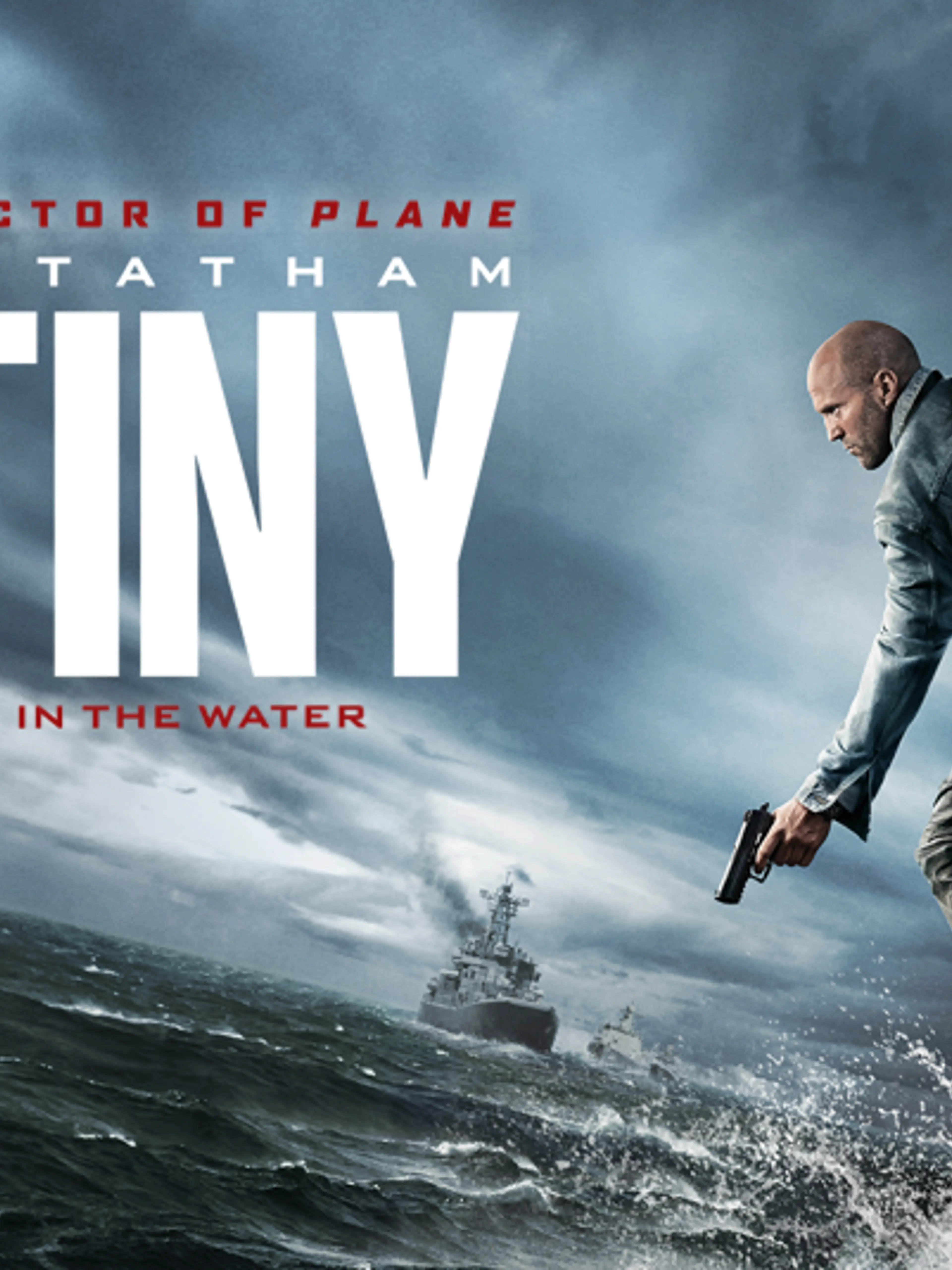 Jason Statham holds a gun on a boat in official Mutiny artwork.