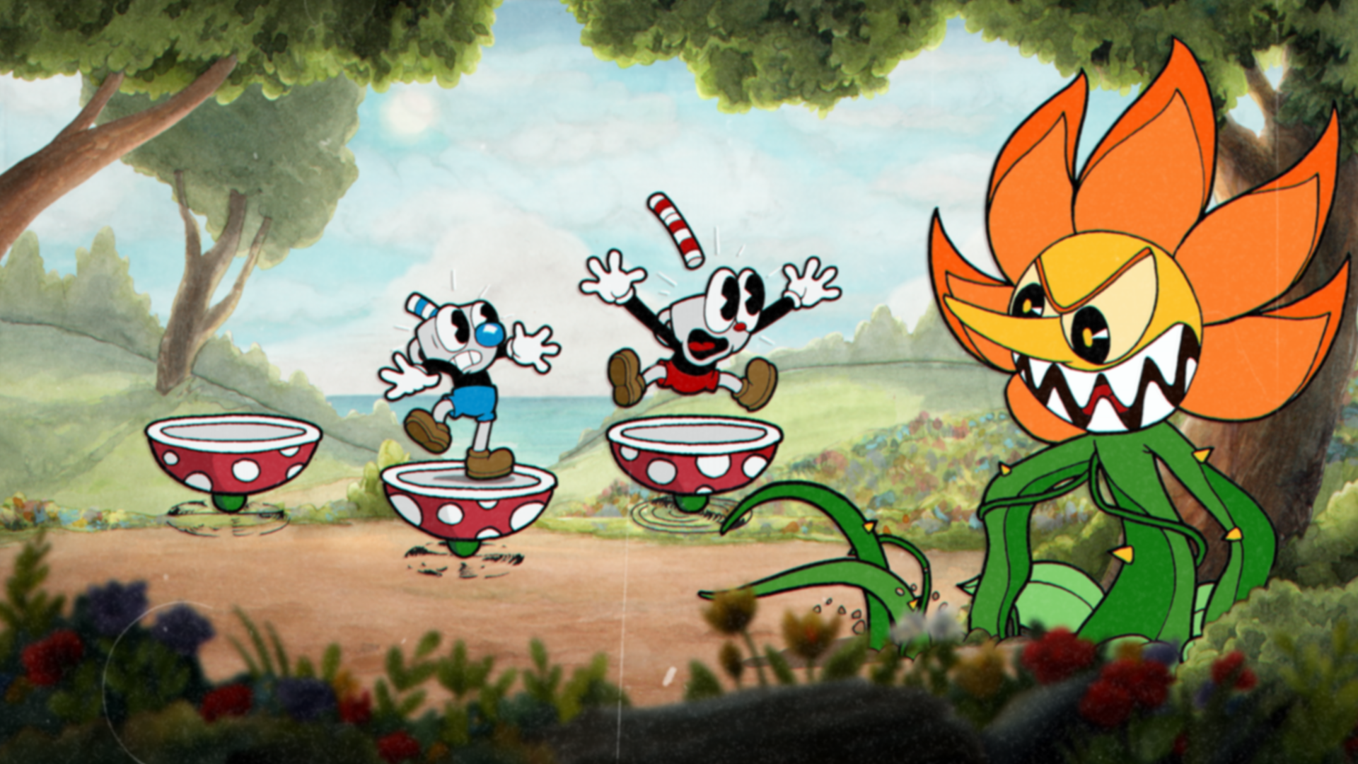 Cuphead and Mugman stand on small platforms facing a large flower boss.